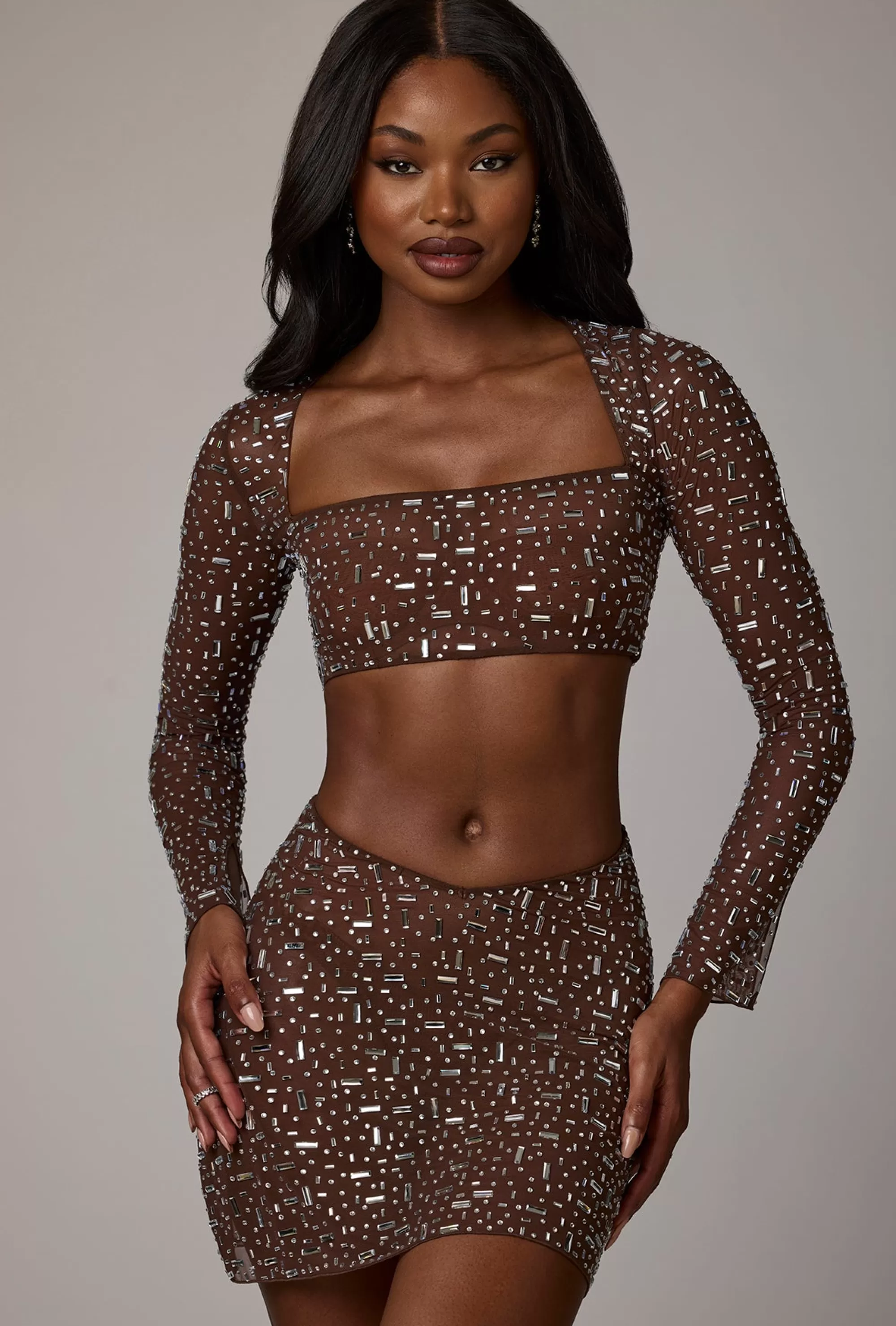 Oh Polly Sheer Embellished V Waist Mini Skirt In Deep Cocoa Cheap