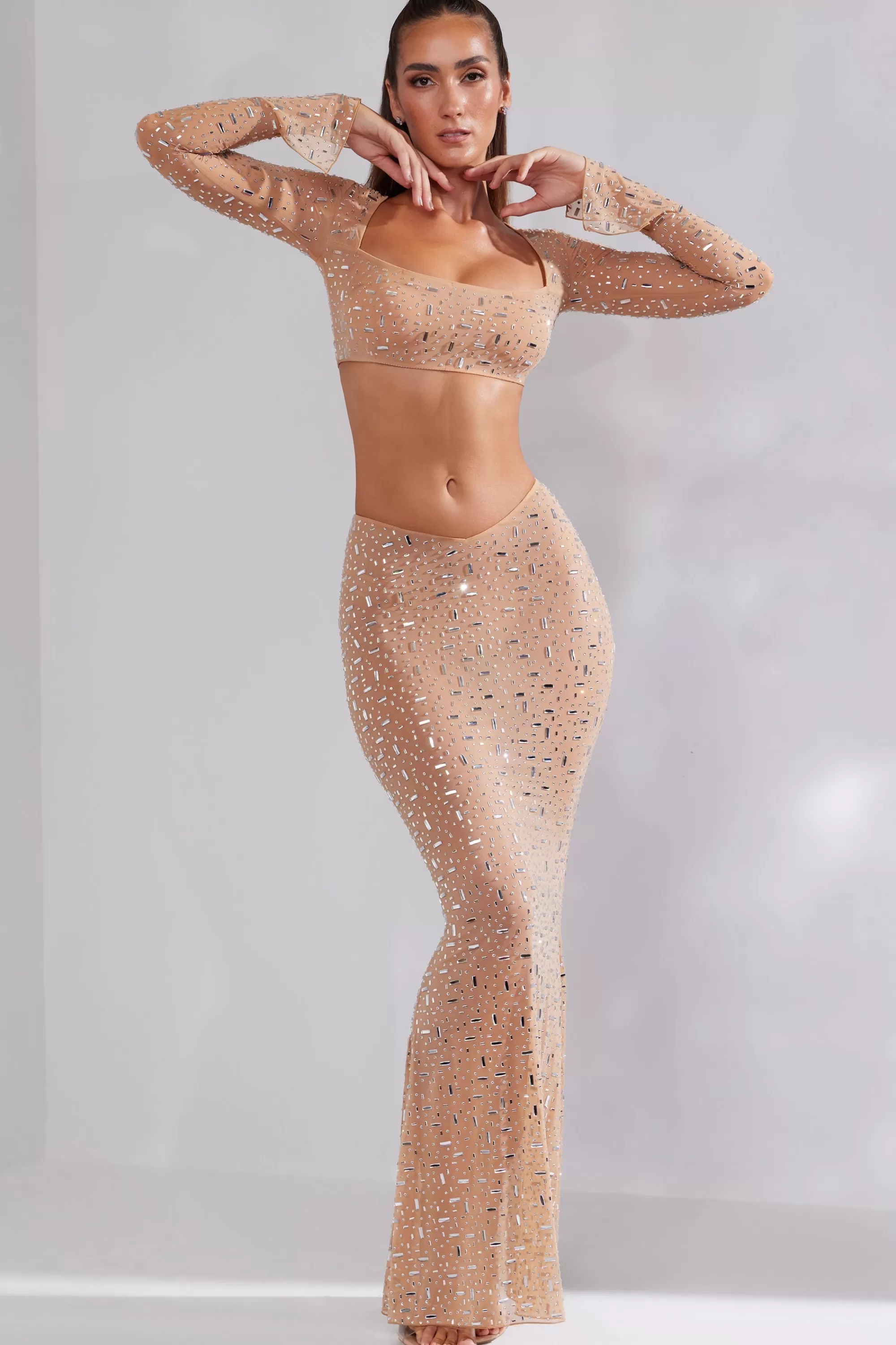 Oh Polly Sheer Embellished V-Waist Gown Skirt In Almond Shop