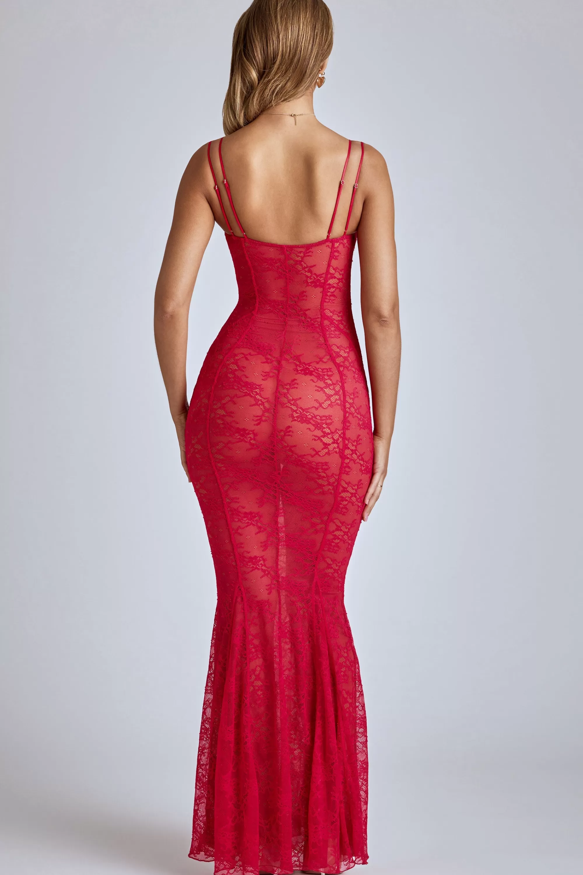 Oh Polly Sheer Lace Fishtail Gown In Cherry Red Discount