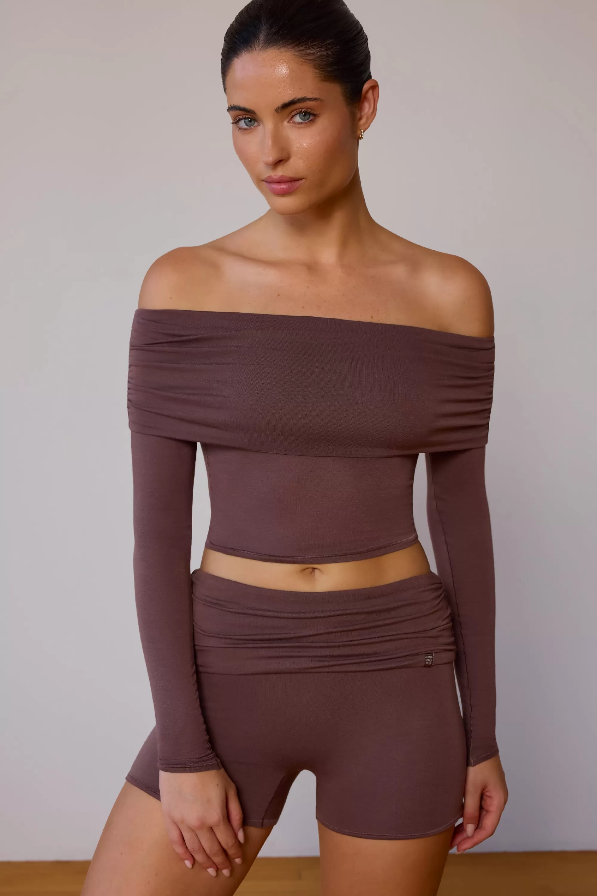 Oh Polly Sheer Off-Shoulder Long-Sleeve Top In Taupe Brown Clearance