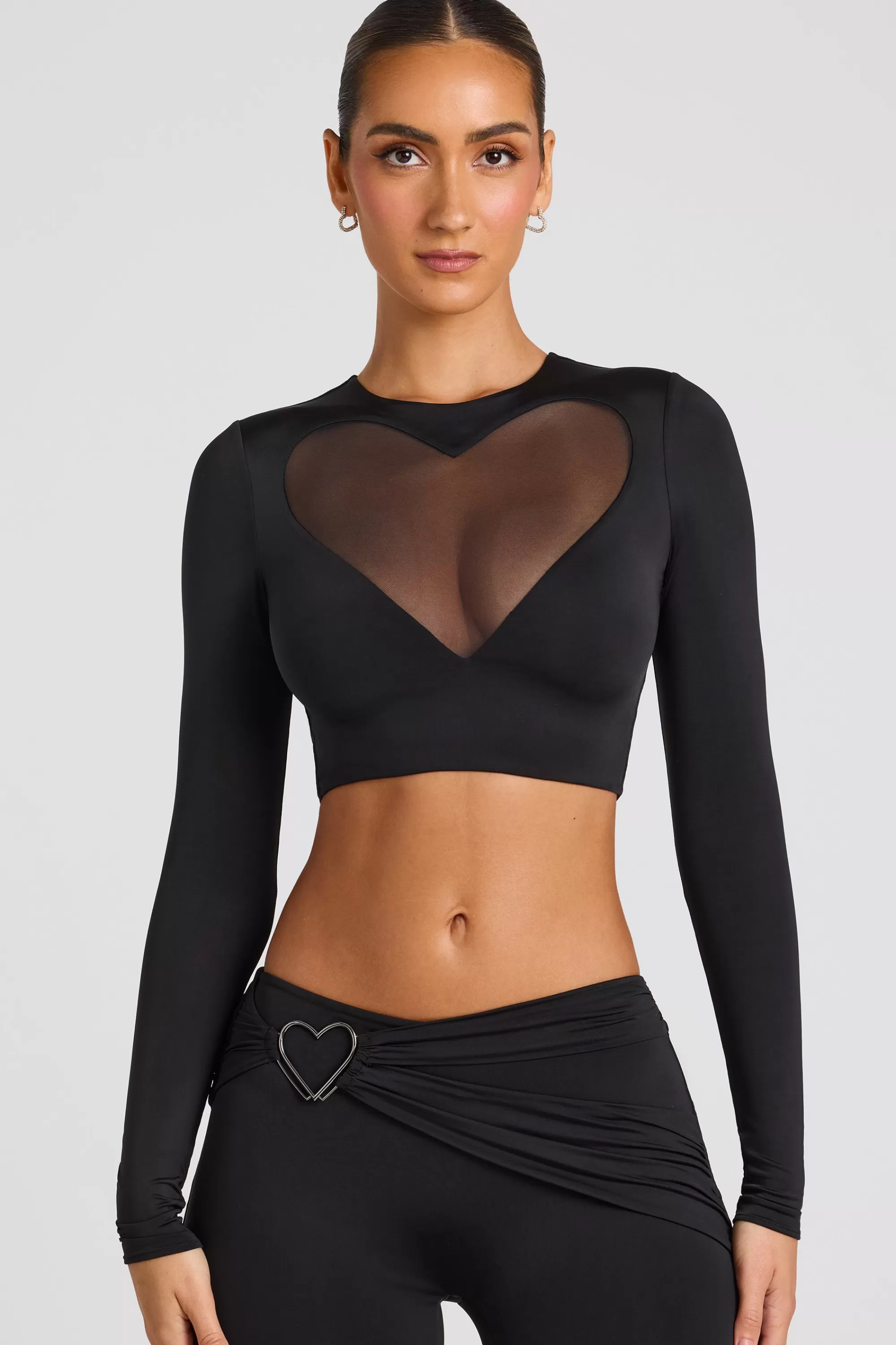 Oh Polly Sheer Panelled Long Sleeve Crop Top In Black Hot