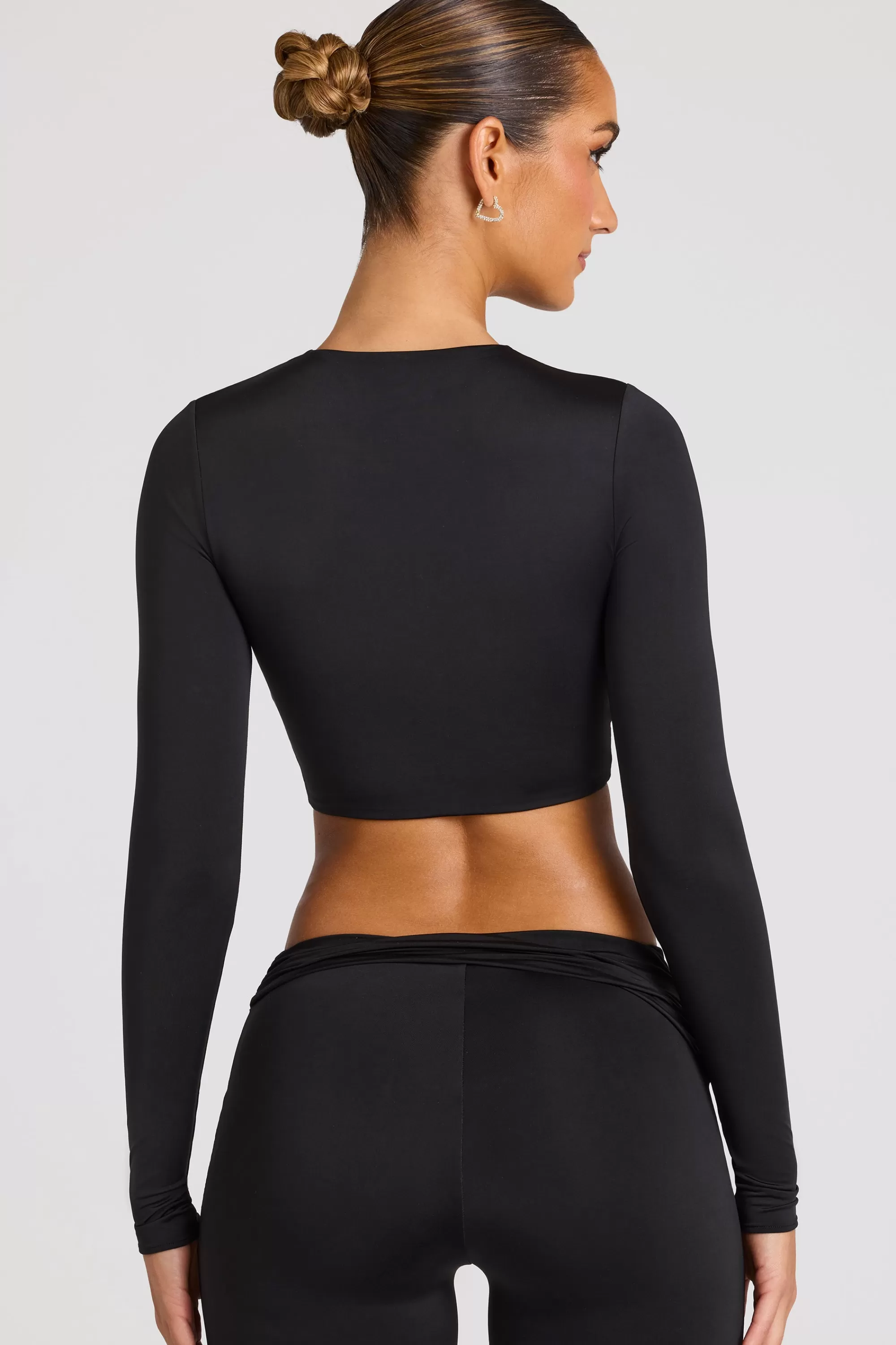 Oh Polly Sheer Panelled Long Sleeve Crop Top In Black Hot