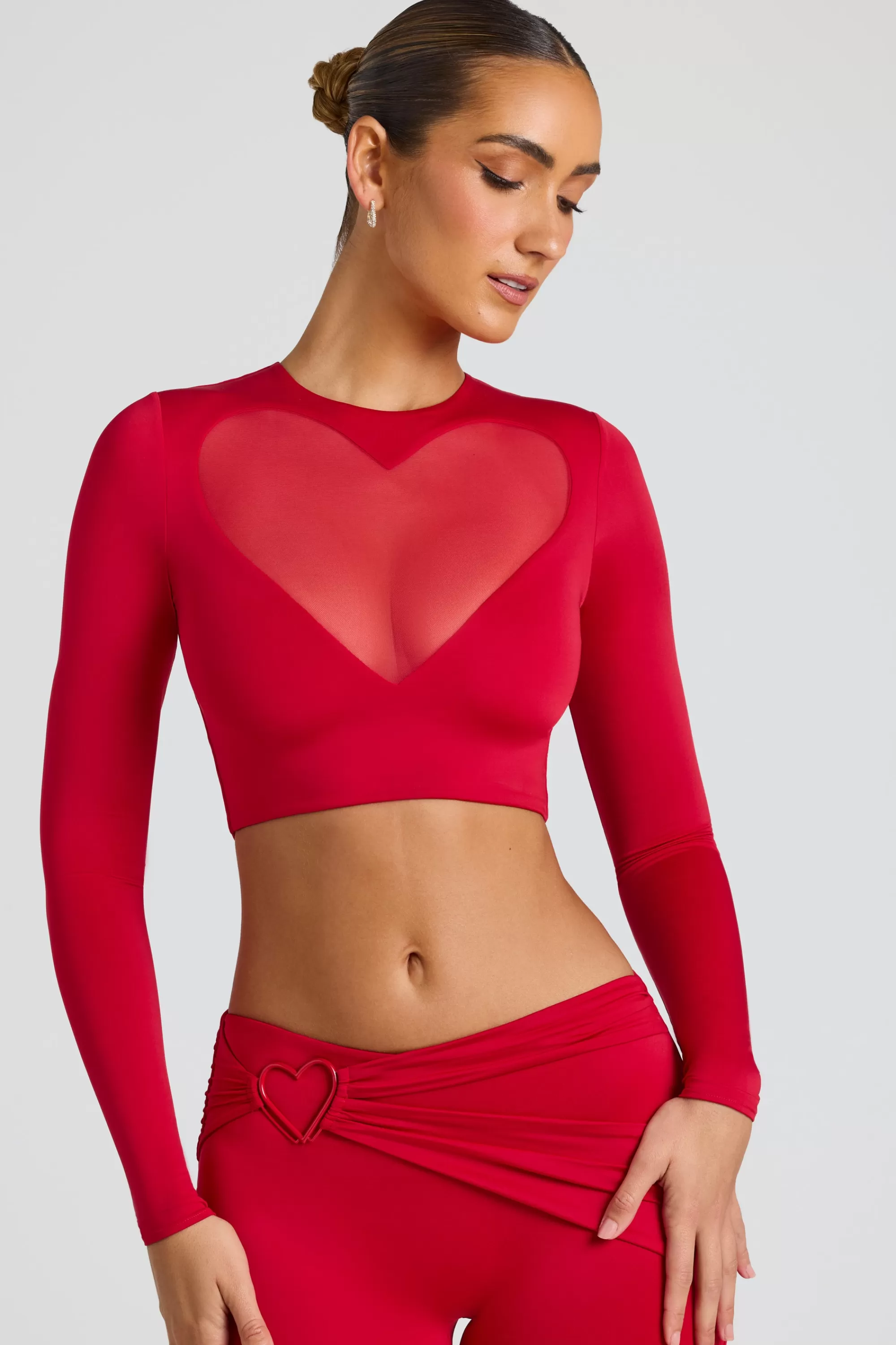 Oh Polly Sheer Panelled Long Sleeve Crop Top In Fire Red Best