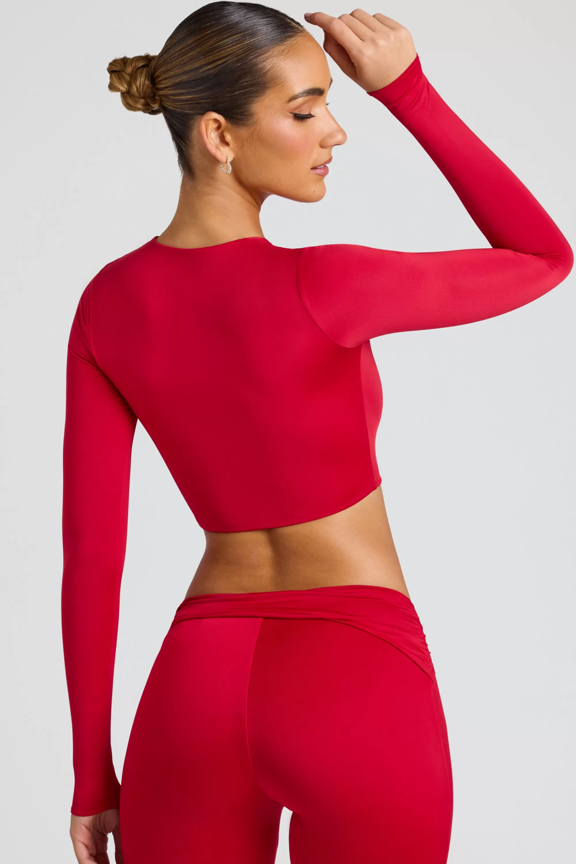 Oh Polly Sheer Panelled Long Sleeve Crop Top In Fire Red Best