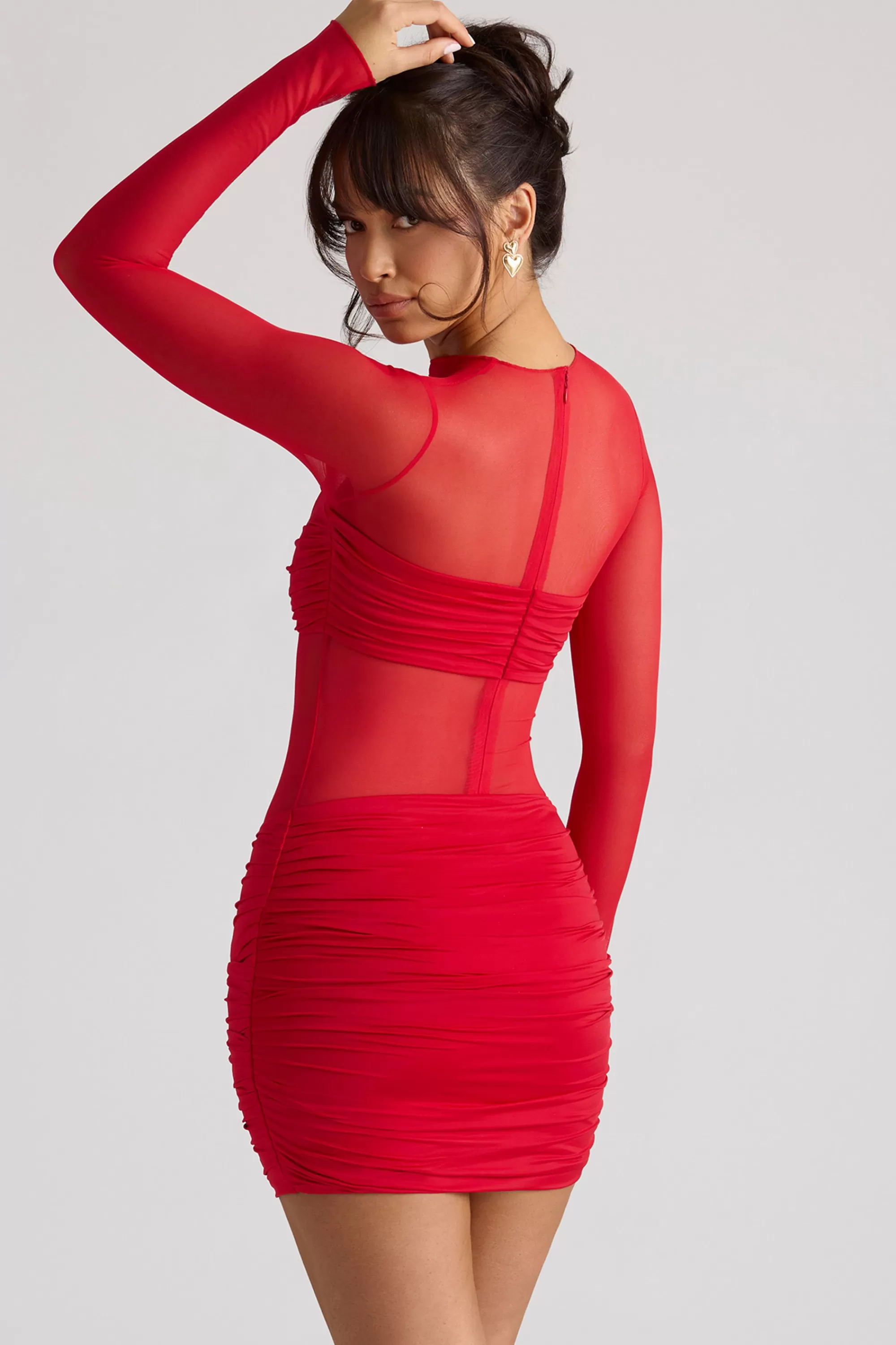 Oh Polly Sheer Panelled Long Sleeve Mini Dress In Fire Red Store