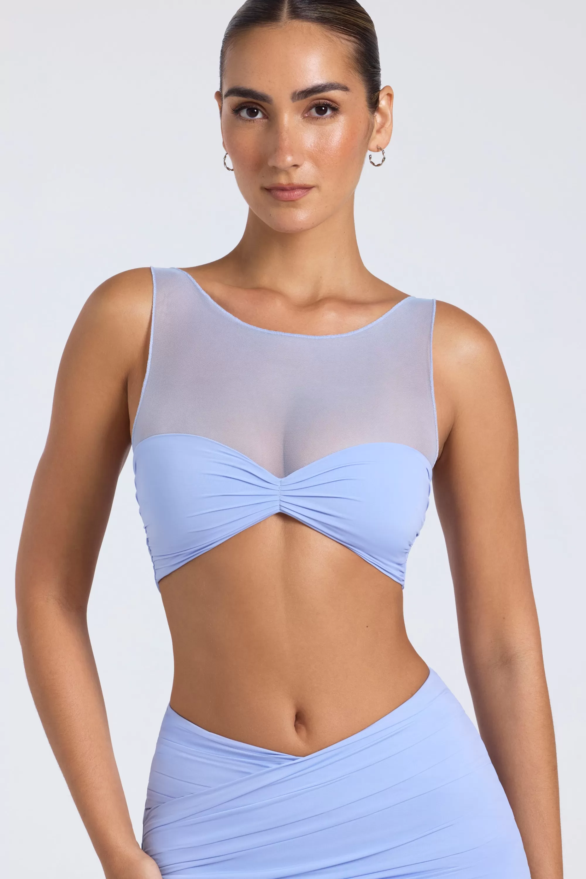 Oh Polly Sheer Panelled Ruched Crop Top In Periwinkle Blue Online