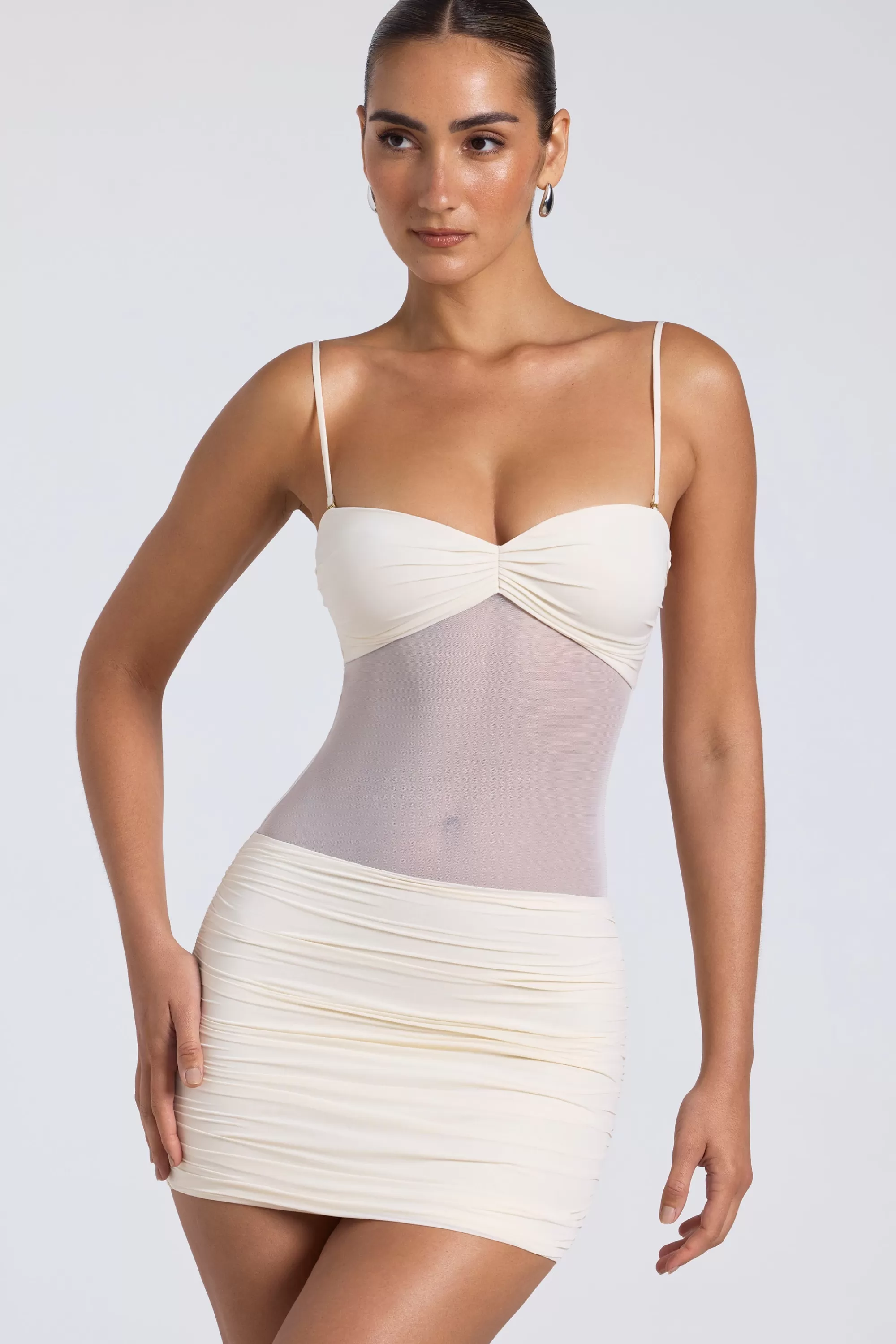 Oh Polly Sheer Panelled Ruched Mini Dress In Ivory Shop