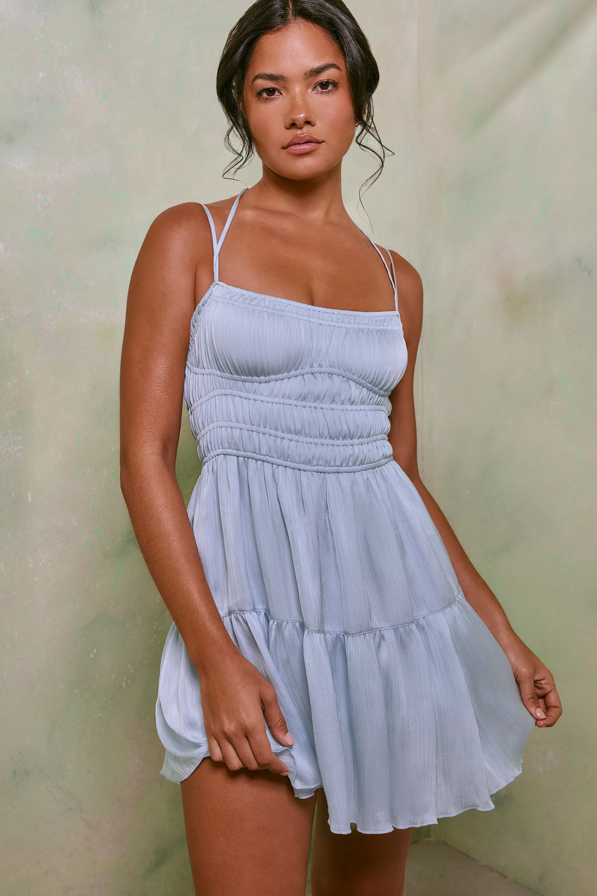 Oh Polly Shirred Bodice A-Line Mini Dress In Sky Grey Flash Sale