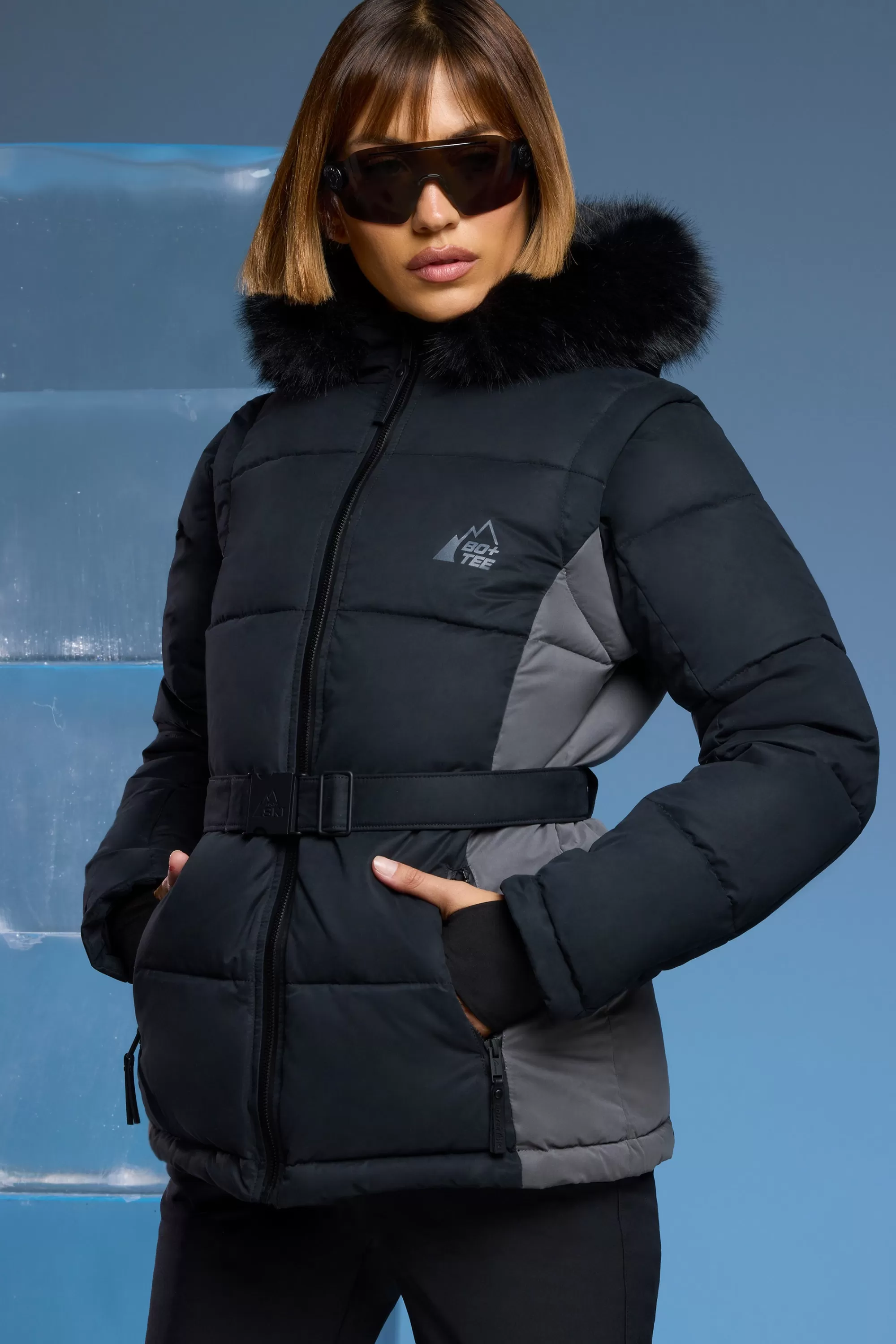 Oh Polly Ski Jacket With Detachable Sleeves In Black Clearance