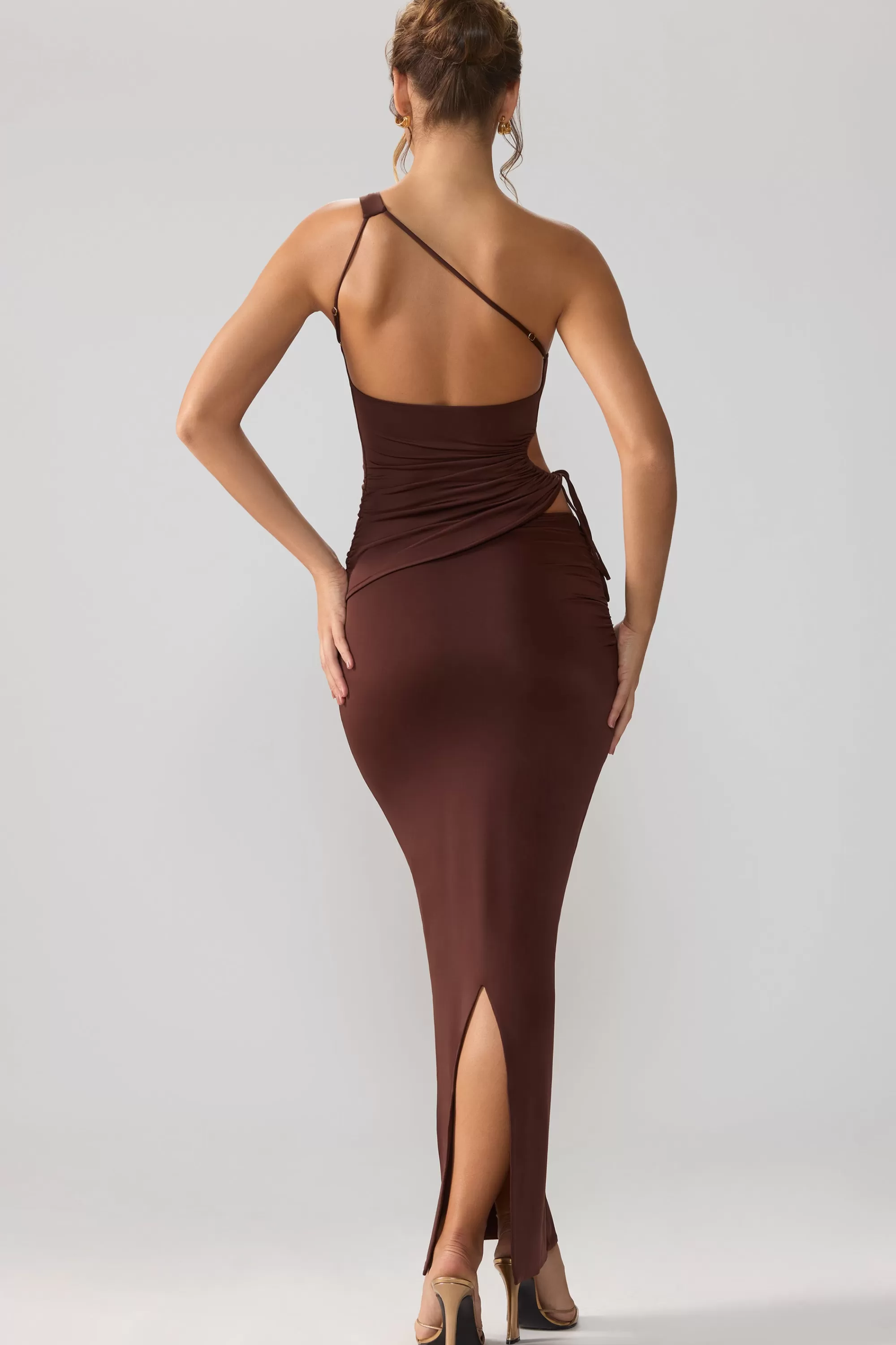 Oh Polly Slinky Jersey Asymmetric Waist Maxi Skirt In Espresso Flash Sale