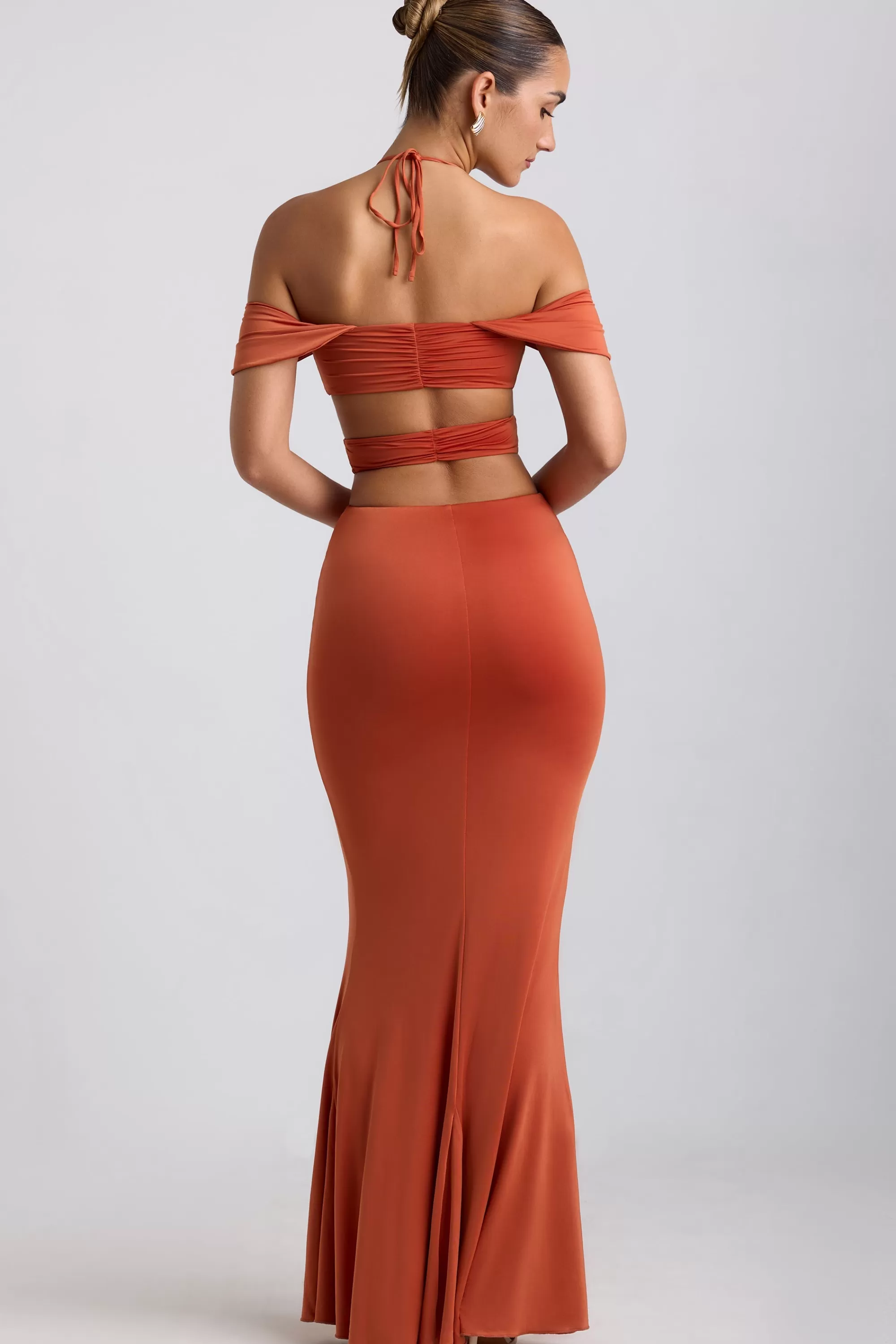 Oh Polly Slinky Jersey Cut-Out Halterneck Gown In Burnt Orange Online