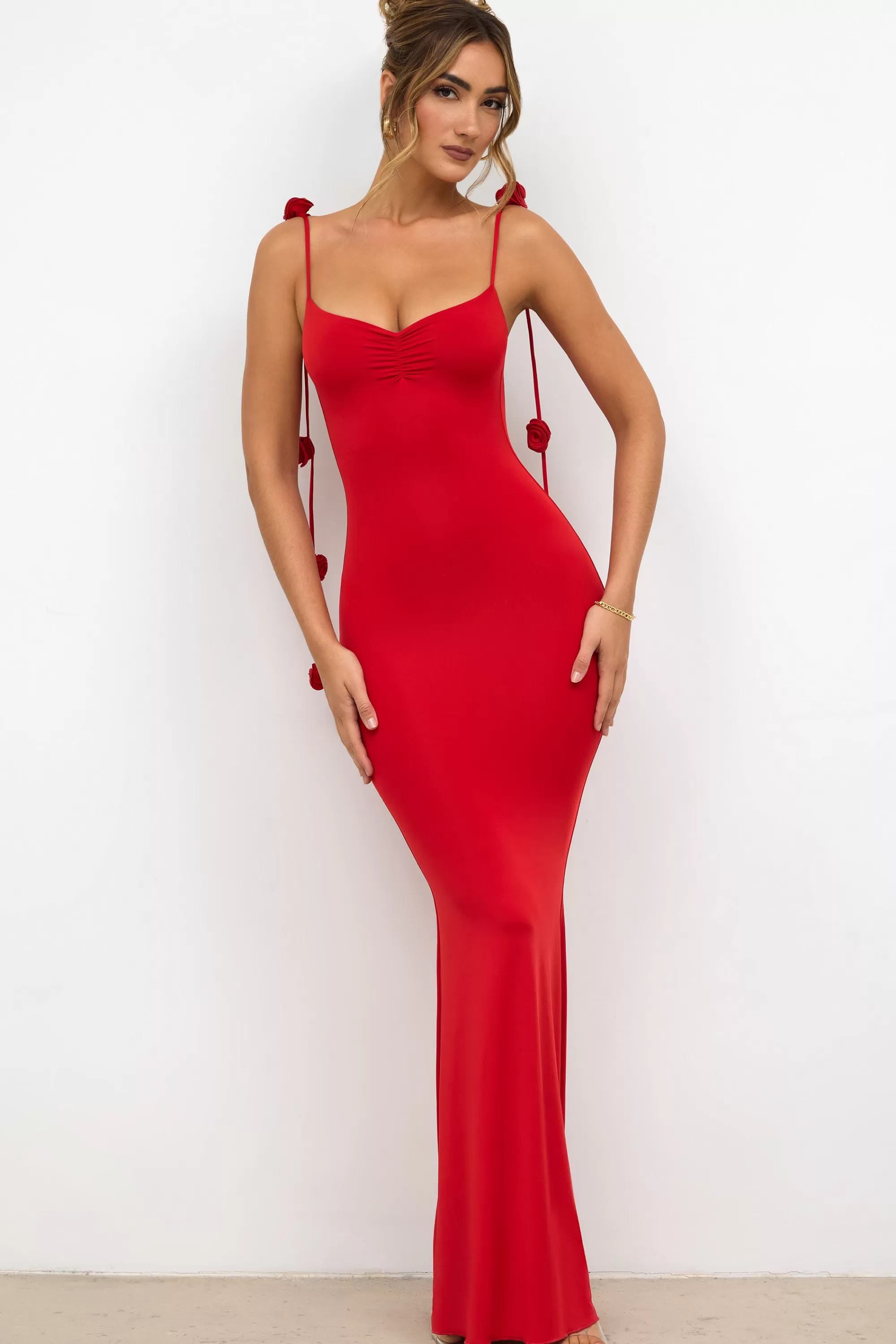 Oh Polly Slinky Jersey Rose Detail Evening Gown In Scarlet Red New