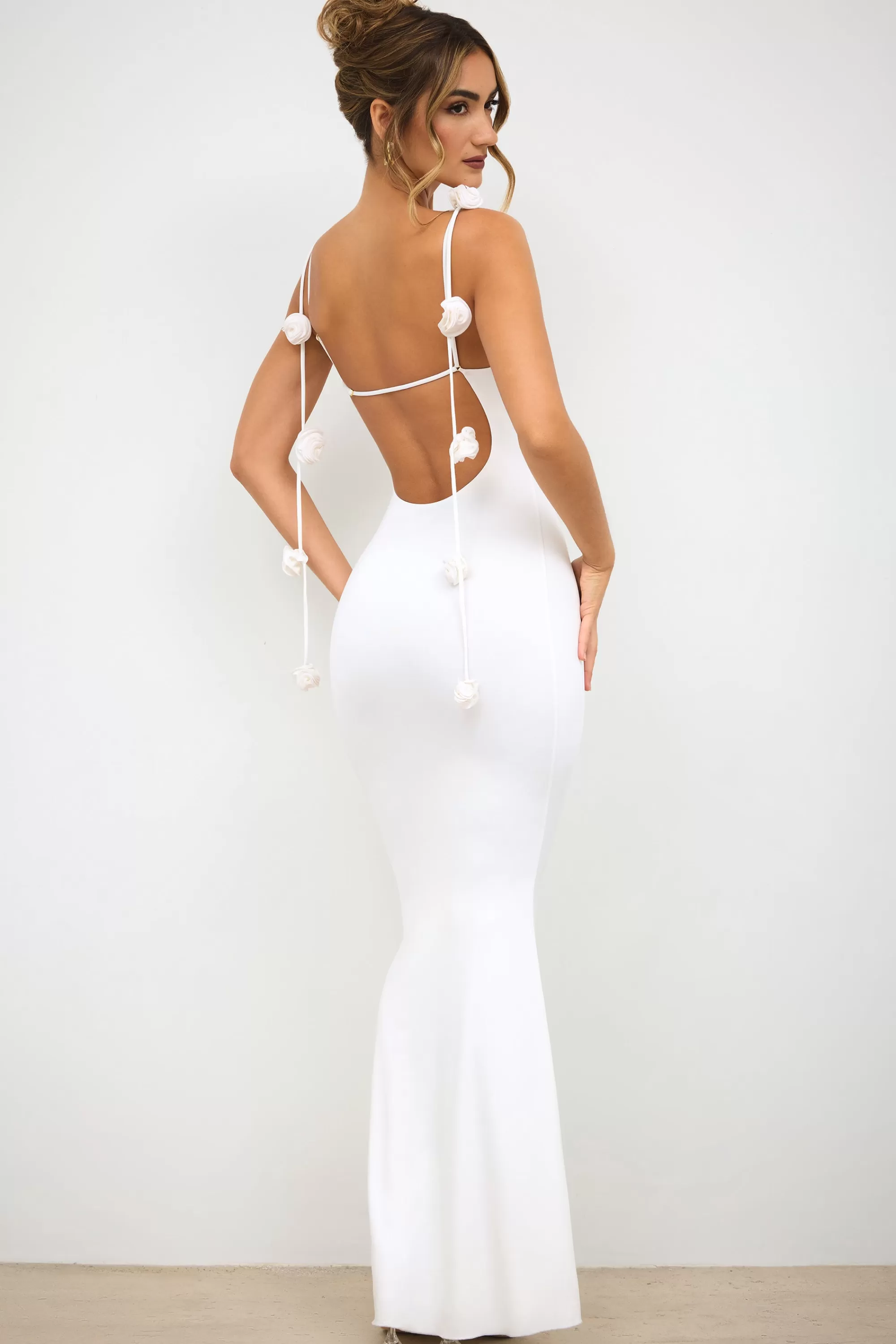 Oh Polly Slinky Jersey Rose Detail Evening Gown In White Best Sale