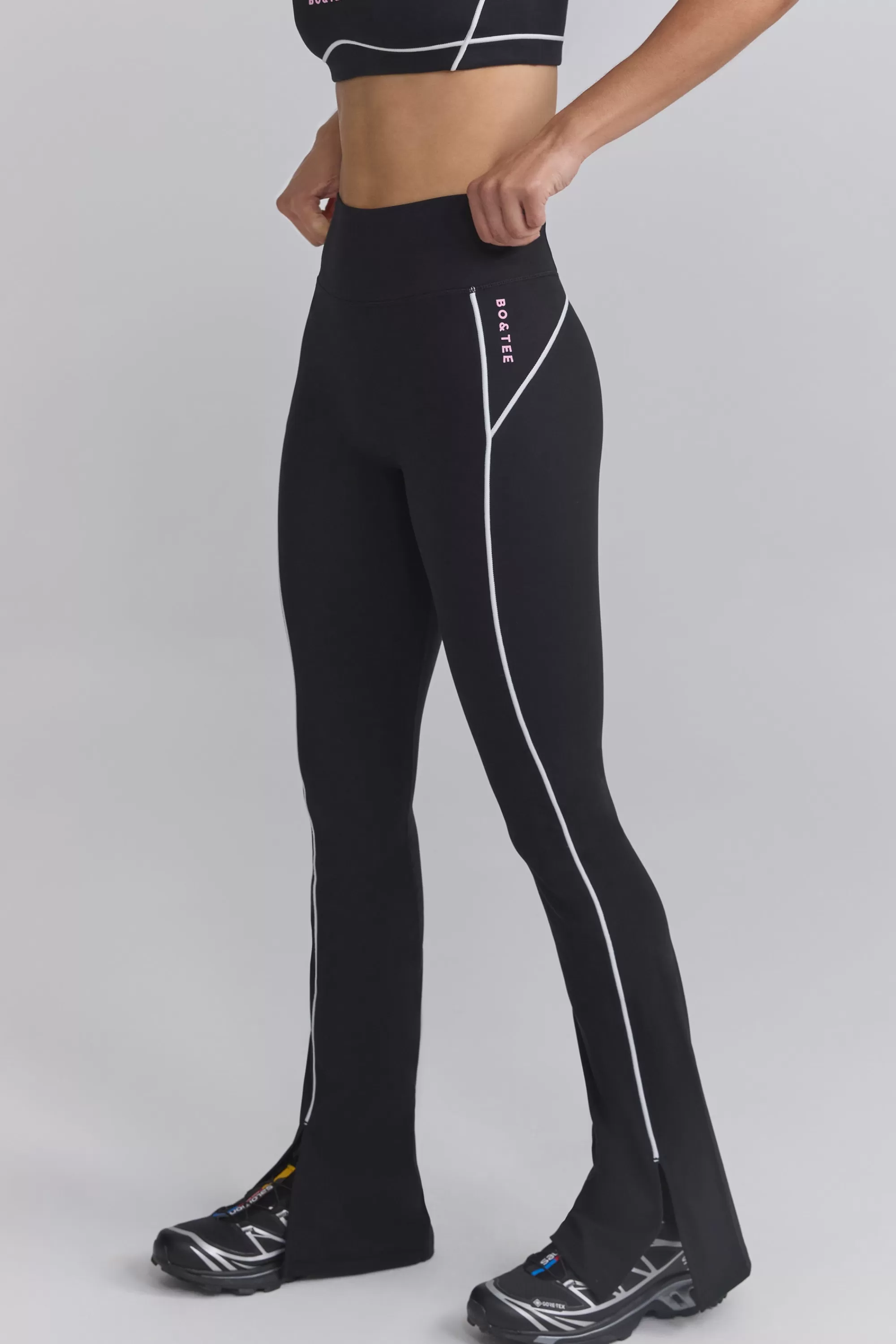 Oh Polly Soft Active Contrast-Trim Flared Trousers In Black Best Sale