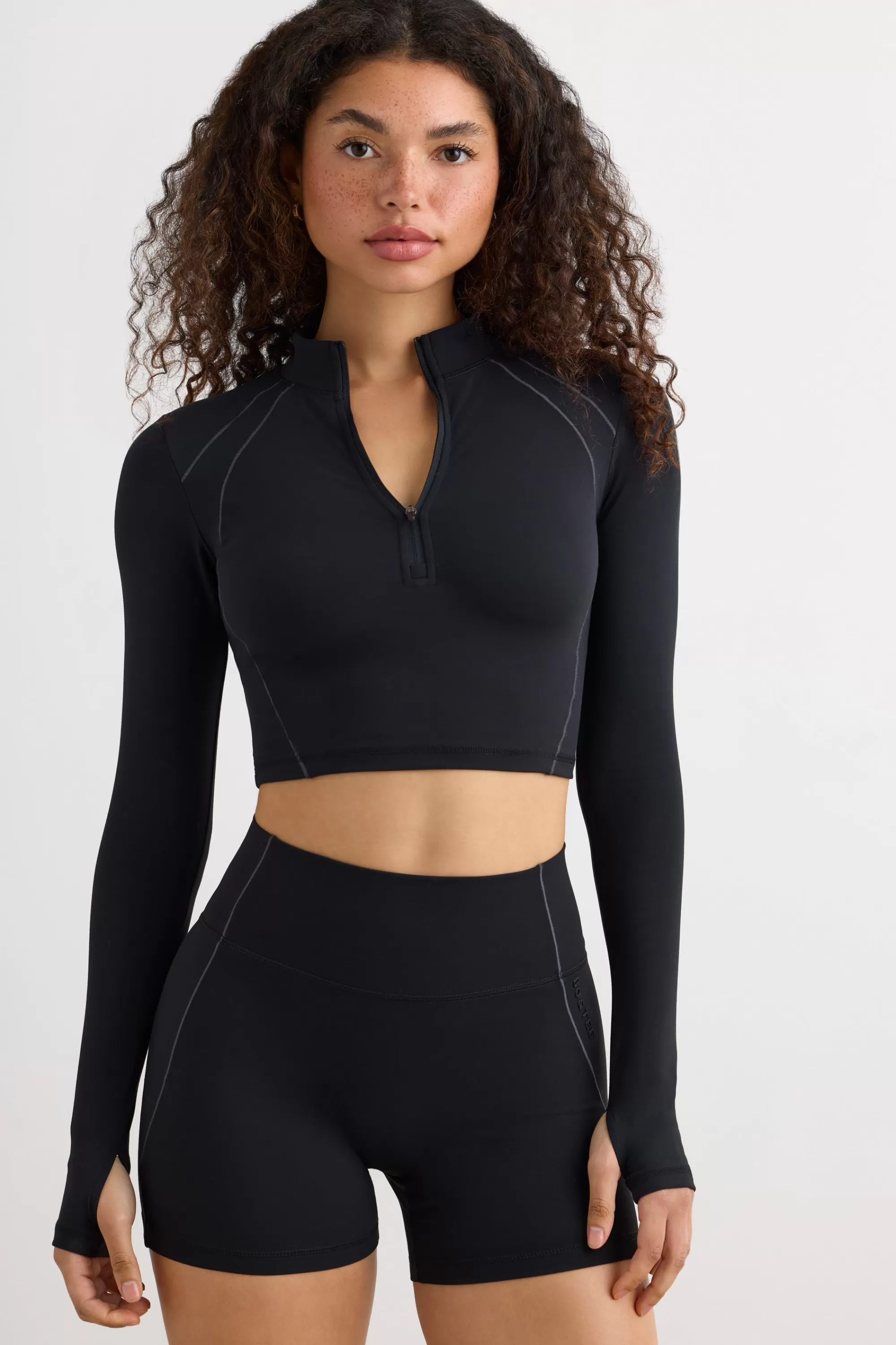 Oh Polly Soft Active Half Zip Crop Top In Black Hot