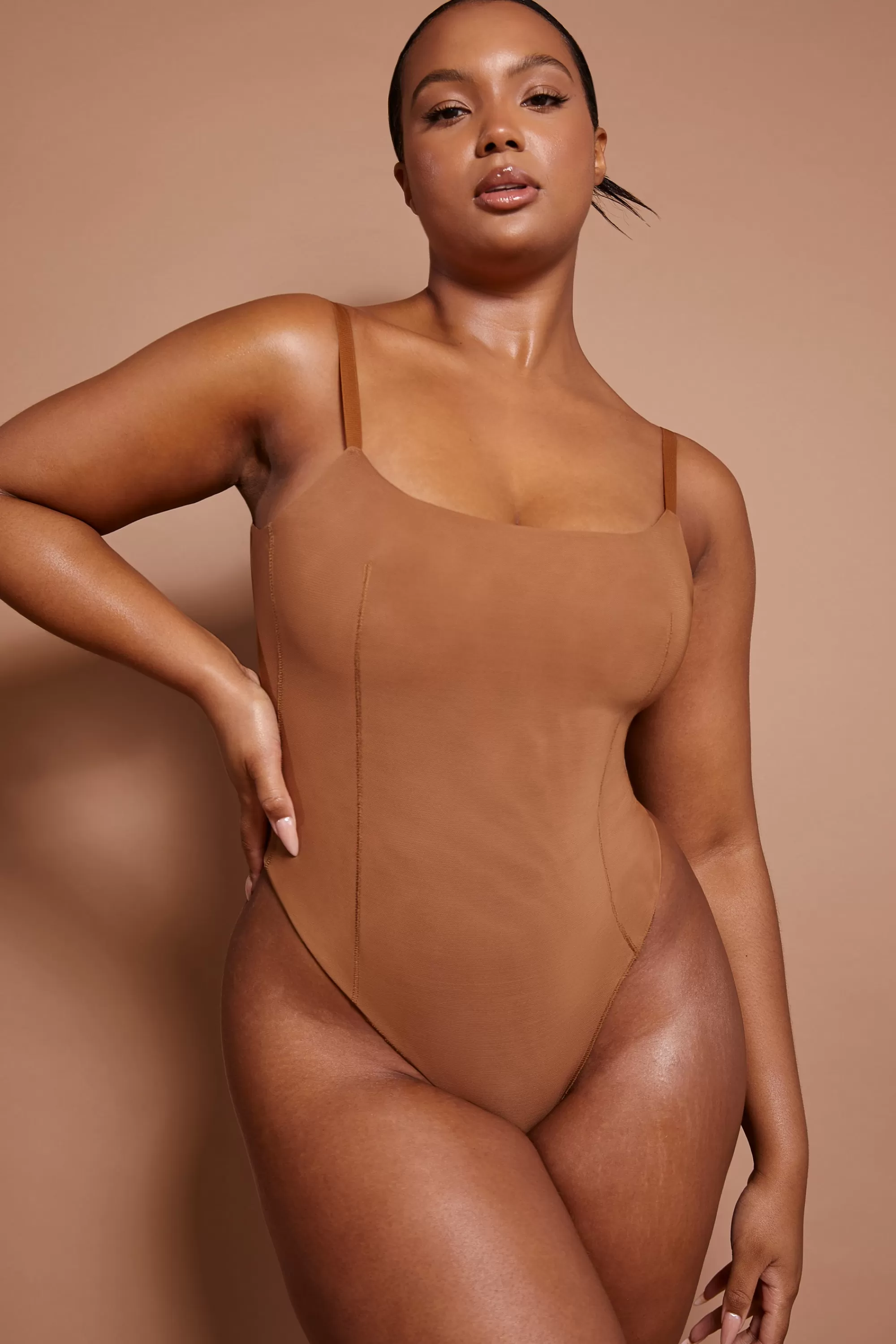 Oh Polly Soft Mesh Bodysuit In Almond Store