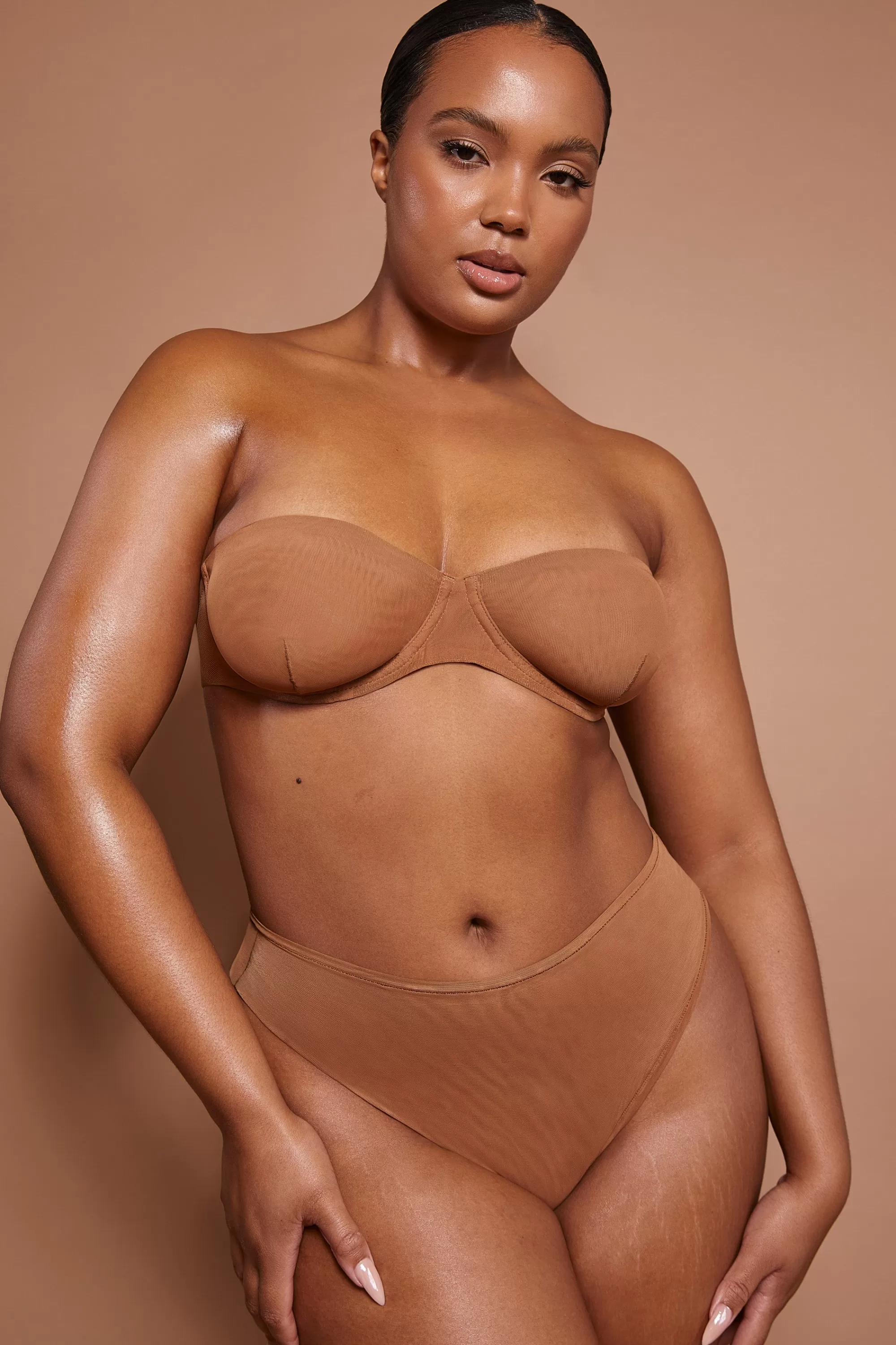 Oh Polly Soft Mesh High Waisted Knicker In Almond Clearance