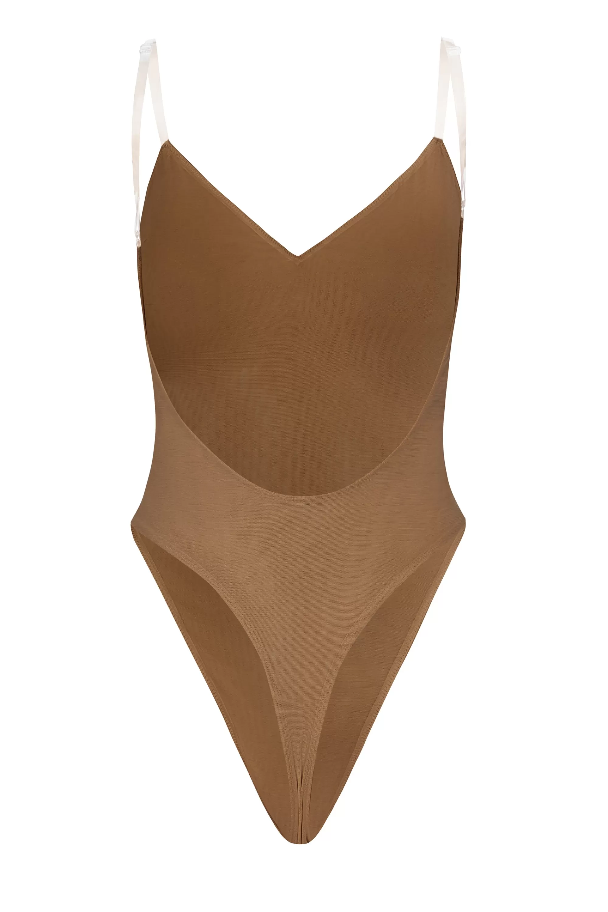 Oh Polly Soft Mesh V-Neck Bodysuit In Almond Best