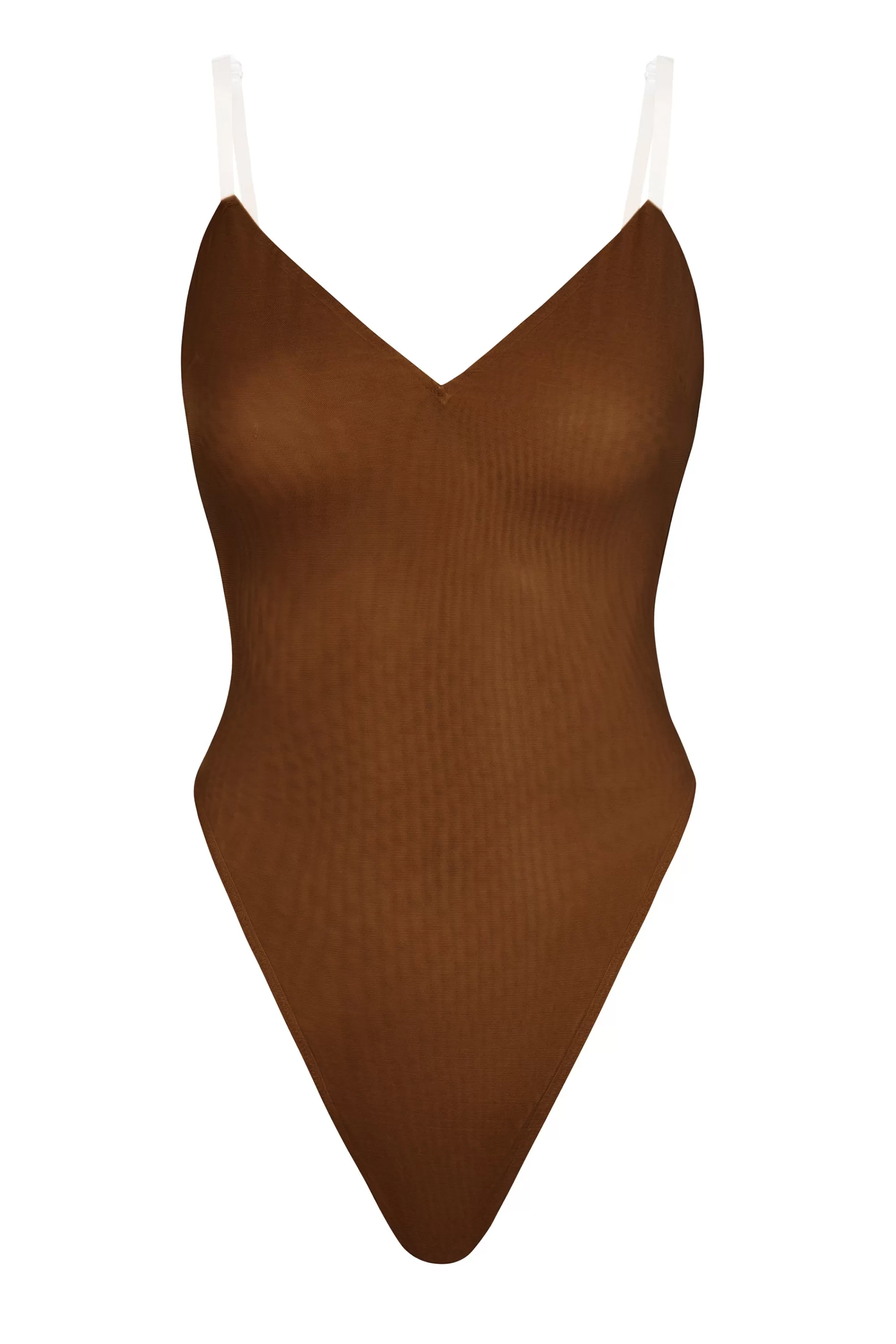 Oh Polly Soft Mesh V-Neck Bodysuit In Chestnut Discount