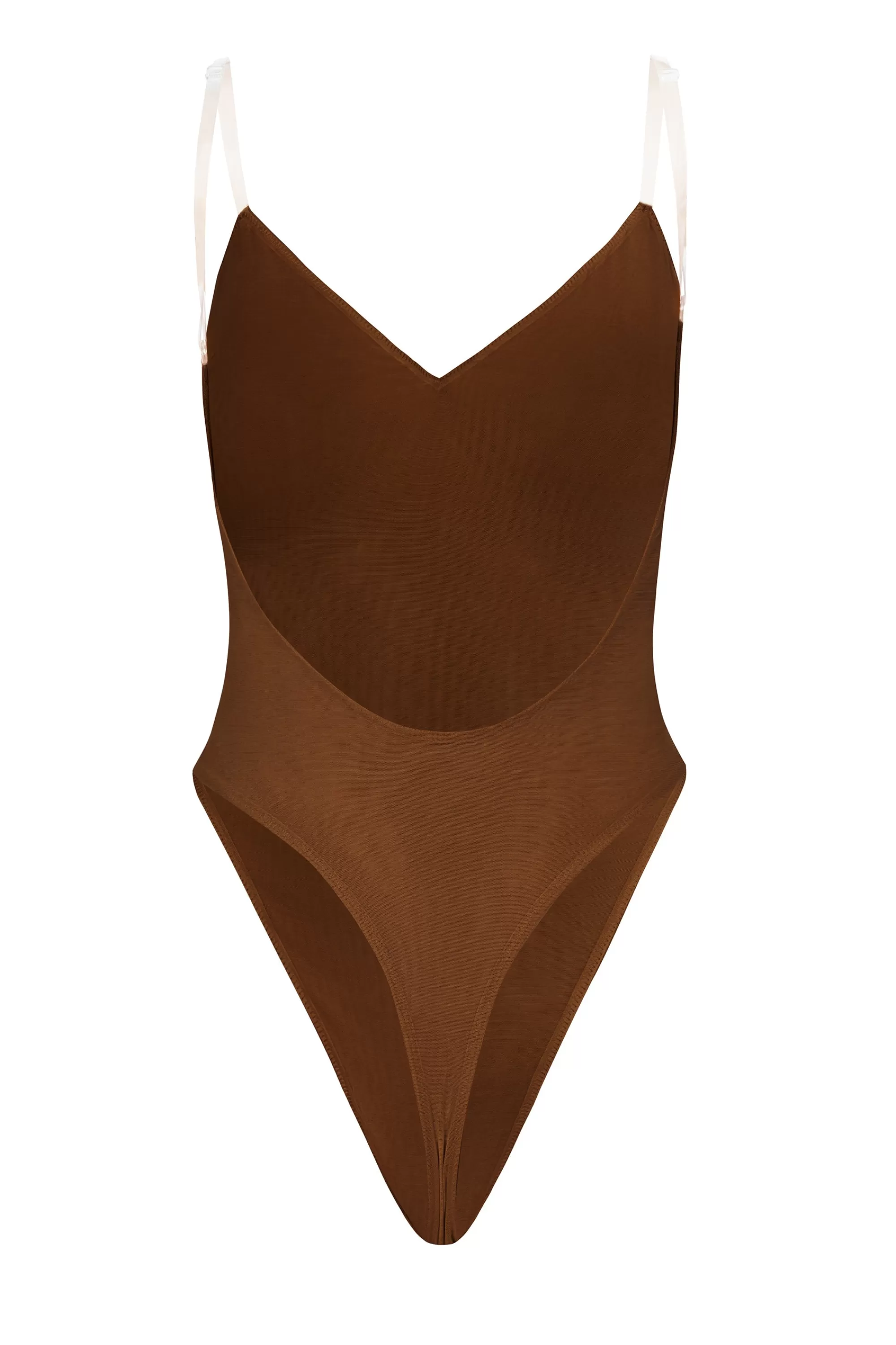 Oh Polly Soft Mesh V-Neck Bodysuit In Chestnut Discount