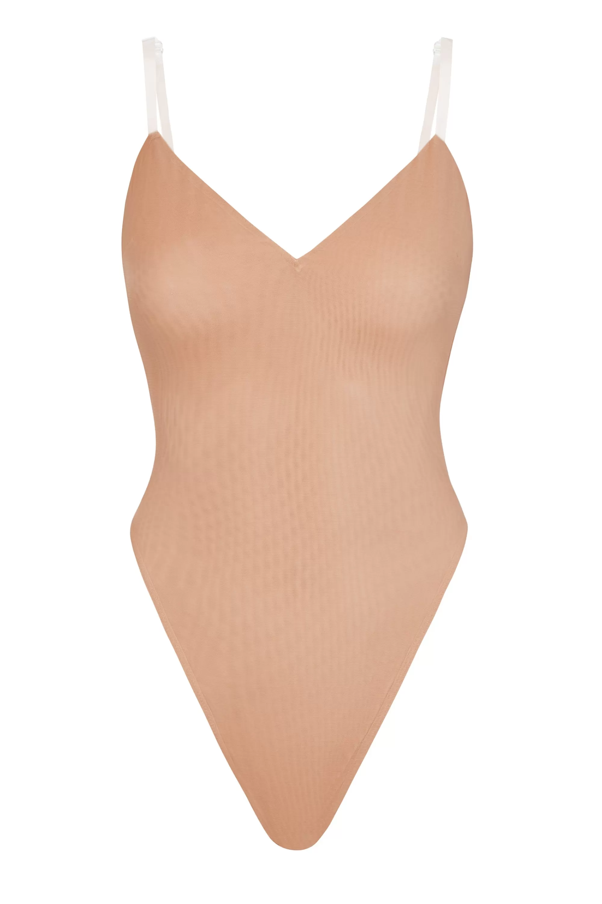 Oh Polly Soft Mesh V-Neck Bodysuit In Warm Peach Clearance