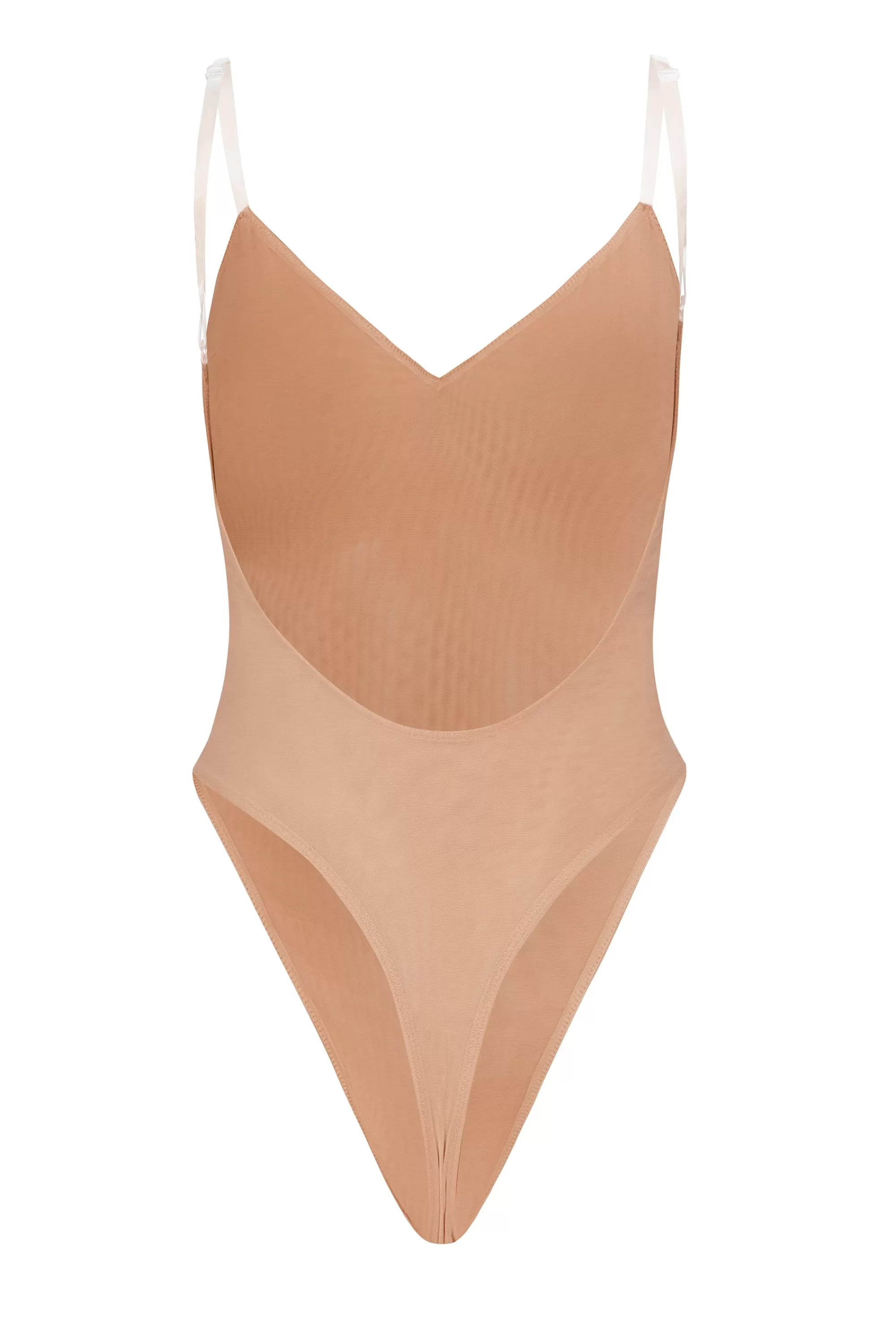 Oh Polly Soft Mesh V-Neck Bodysuit In Warm Peach Clearance