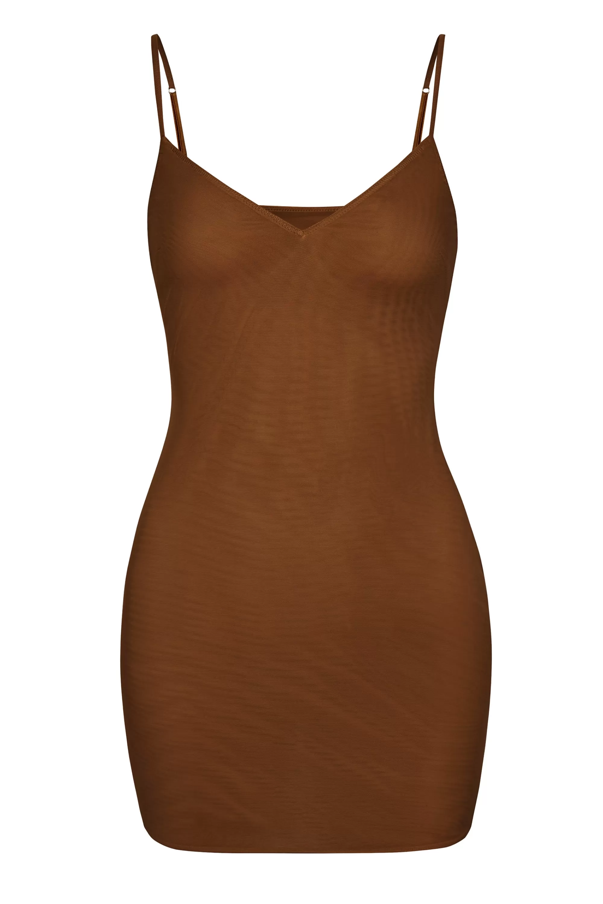 Oh Polly Soft Mesh V-Neck Mini Slip Dress In Chestnut Discount