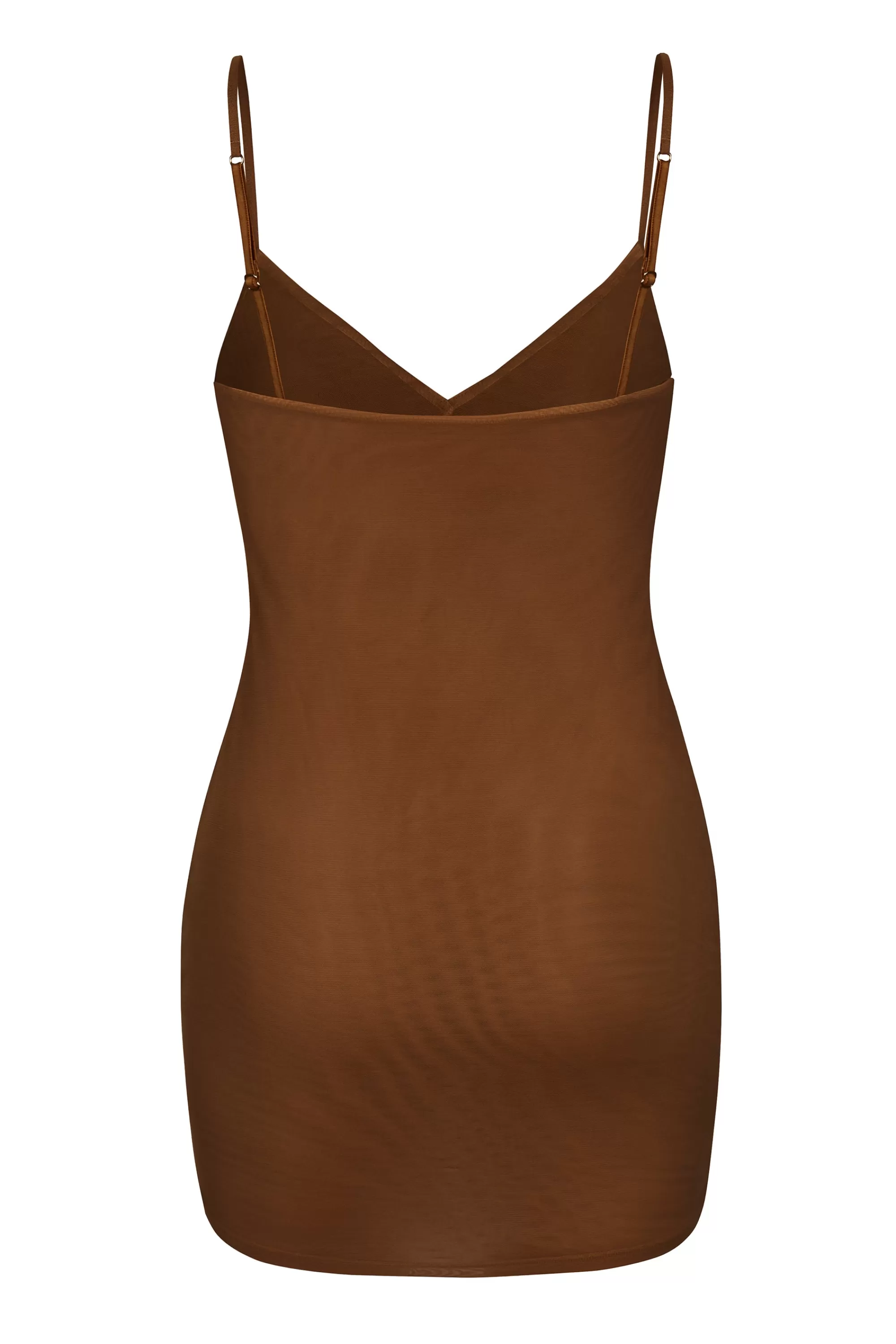 Oh Polly Soft Mesh V-Neck Mini Slip Dress In Chestnut Discount