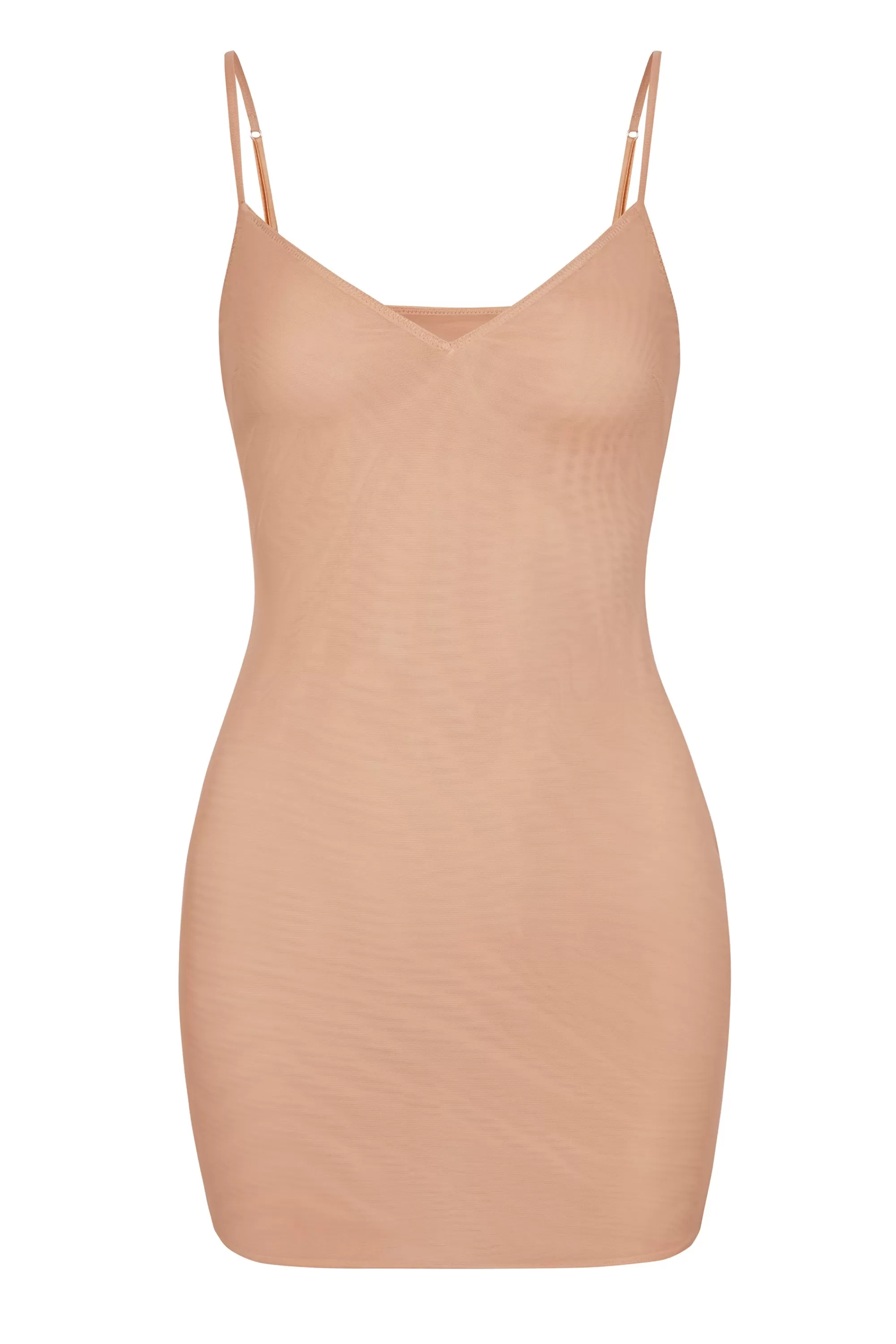 Oh Polly Soft Mesh V-Neck Mini Slip Dress In Warm Peach Hot