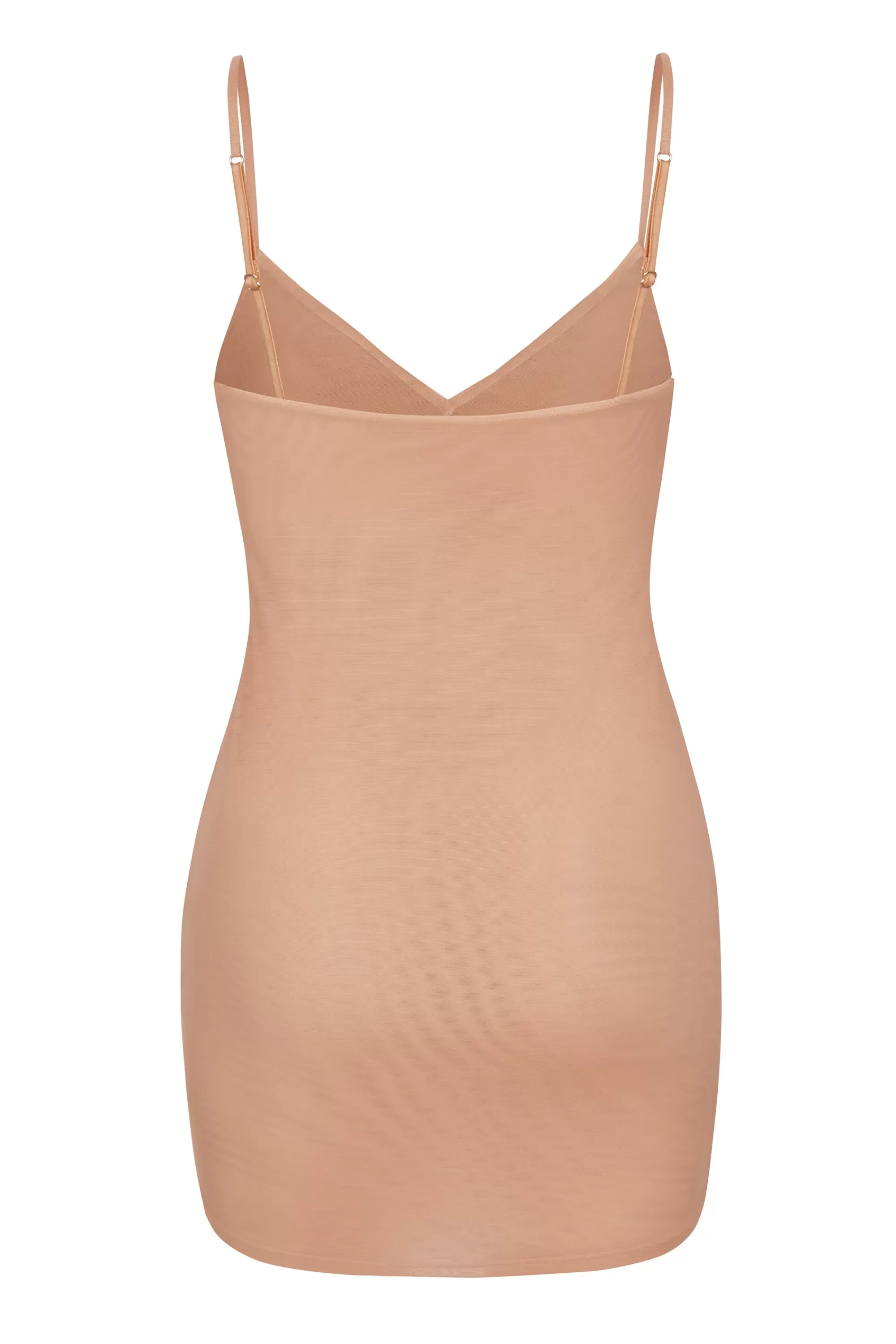 Oh Polly Soft Mesh V-Neck Mini Slip Dress In Warm Peach Hot