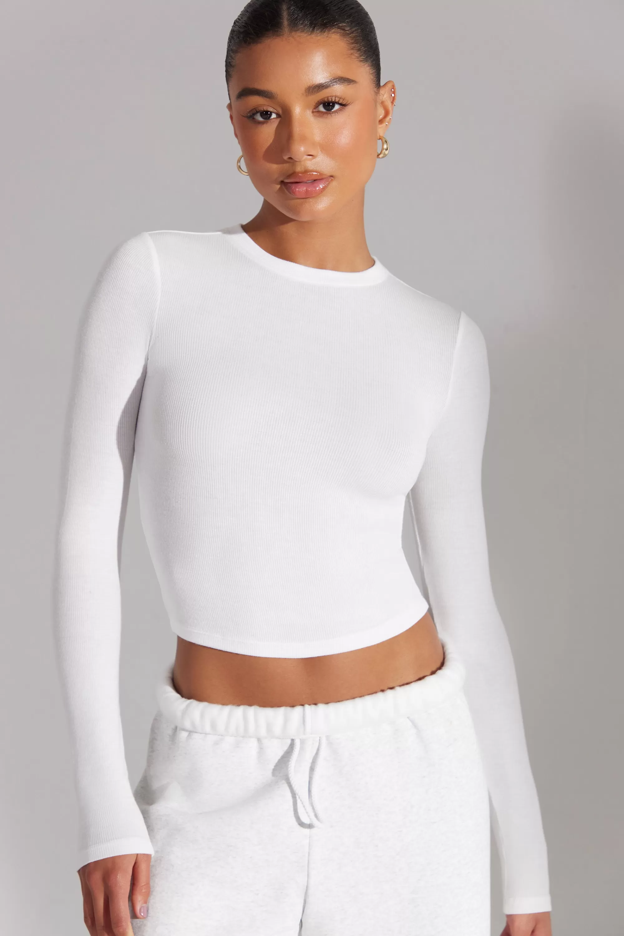 Oh Polly Soft Rib Long Sleeve Top In White Clearance