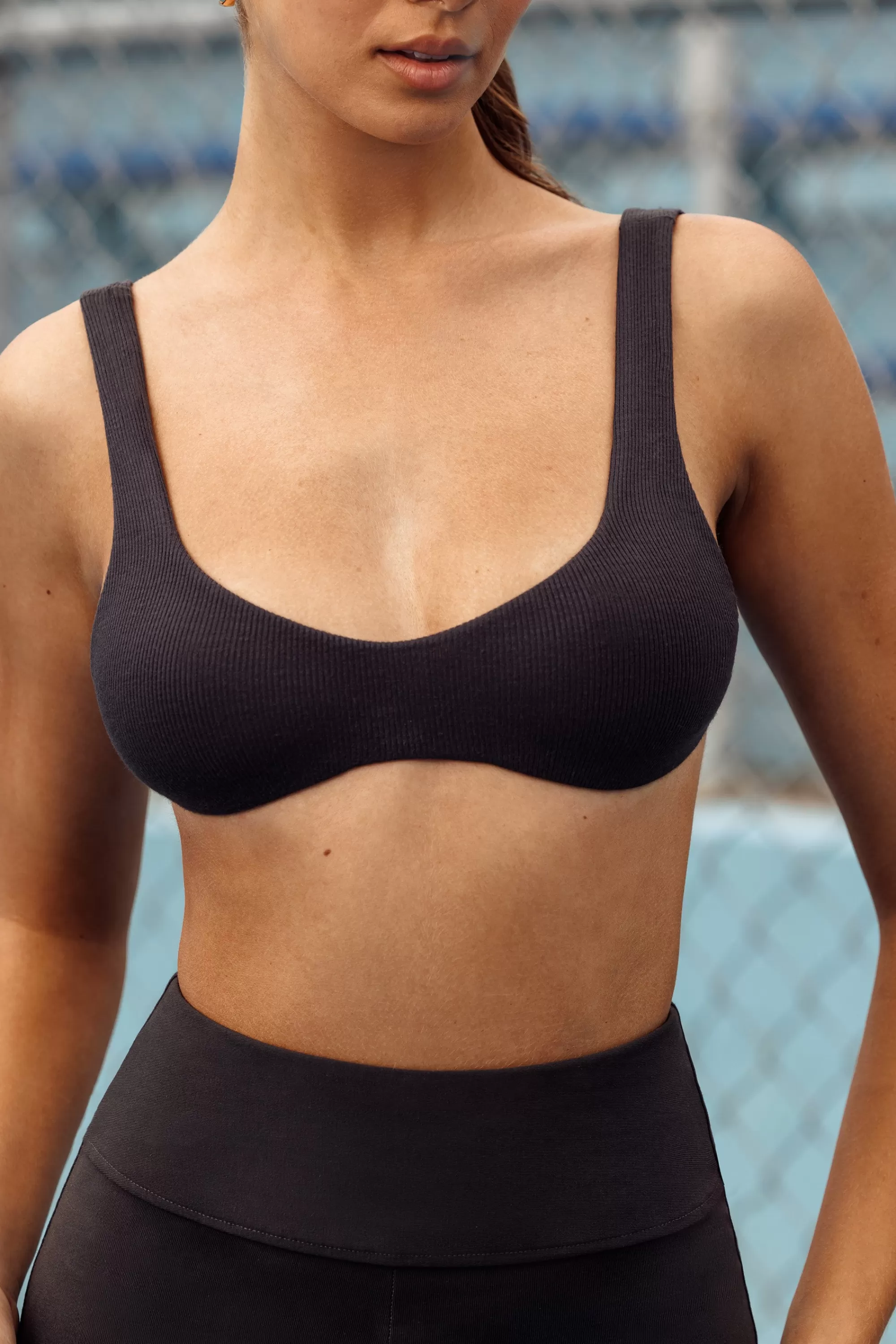 Oh Polly Soft Rib Scoop Neck Bralette In Washed Black Clearance