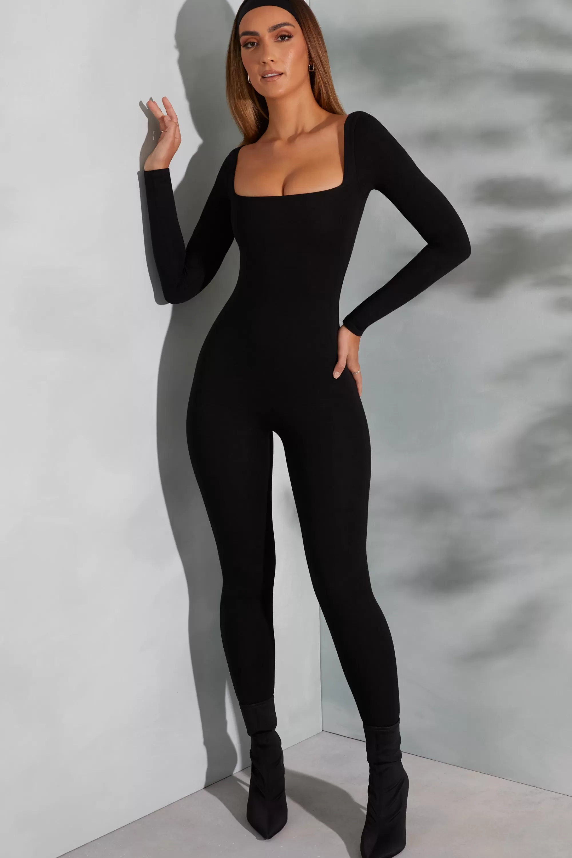 Oh Polly Square Neck Long Sleeve Jumpsuit In Black Store