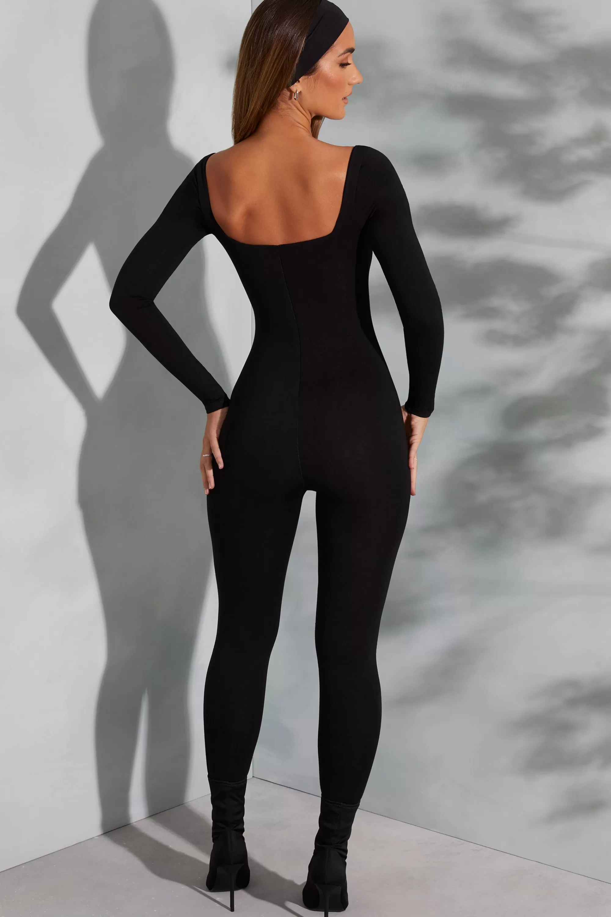 Oh Polly Square Neck Long Sleeve Jumpsuit In Black Store