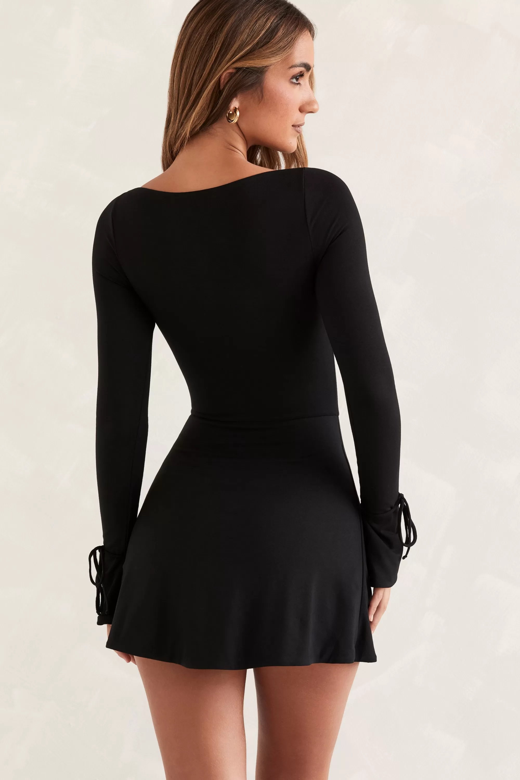 Oh Polly Square Neck Long Sleeve Mini Dress In Black Best Sale