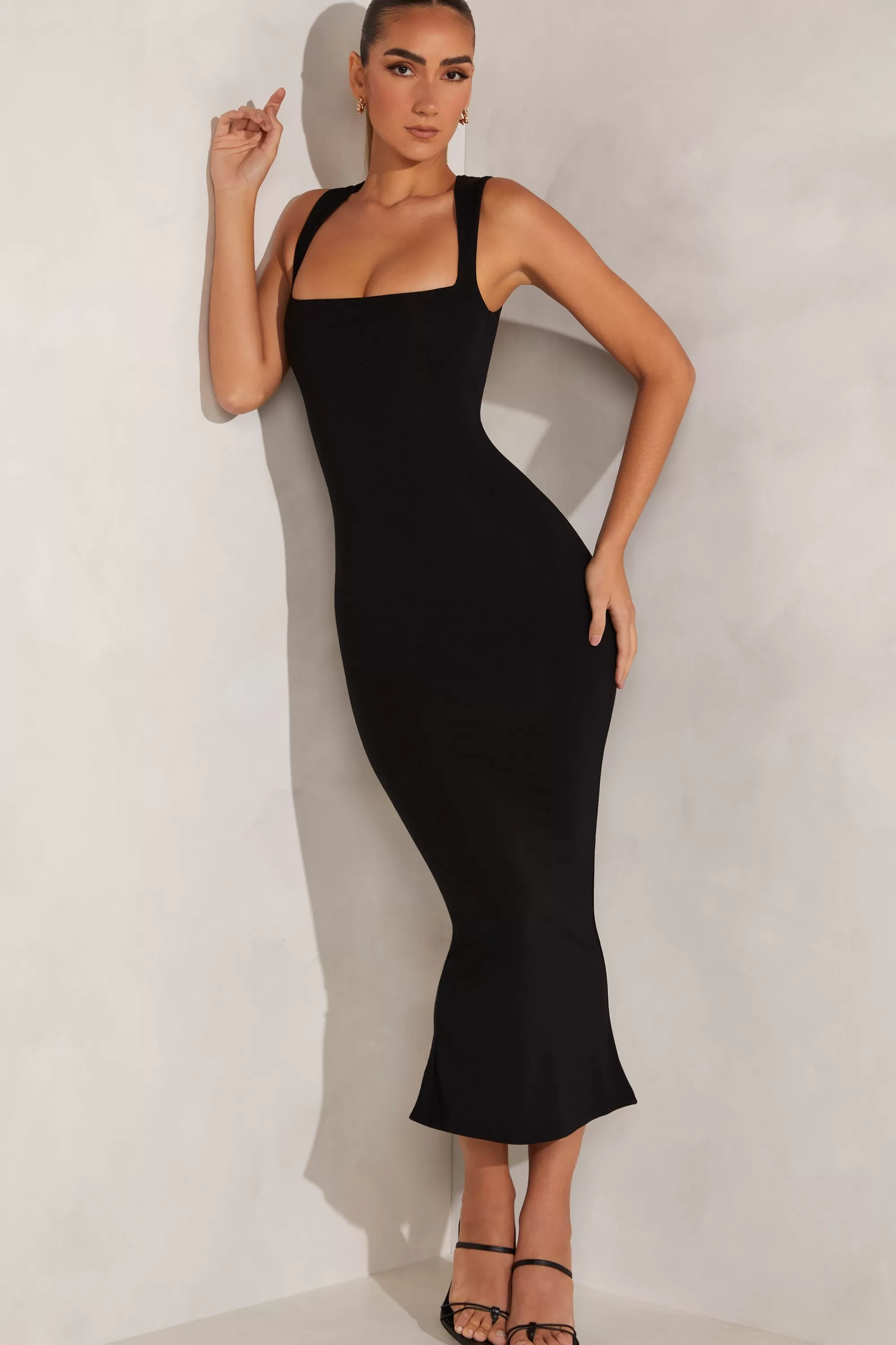 Oh Polly Square Neck Midi Dress In Black Hot