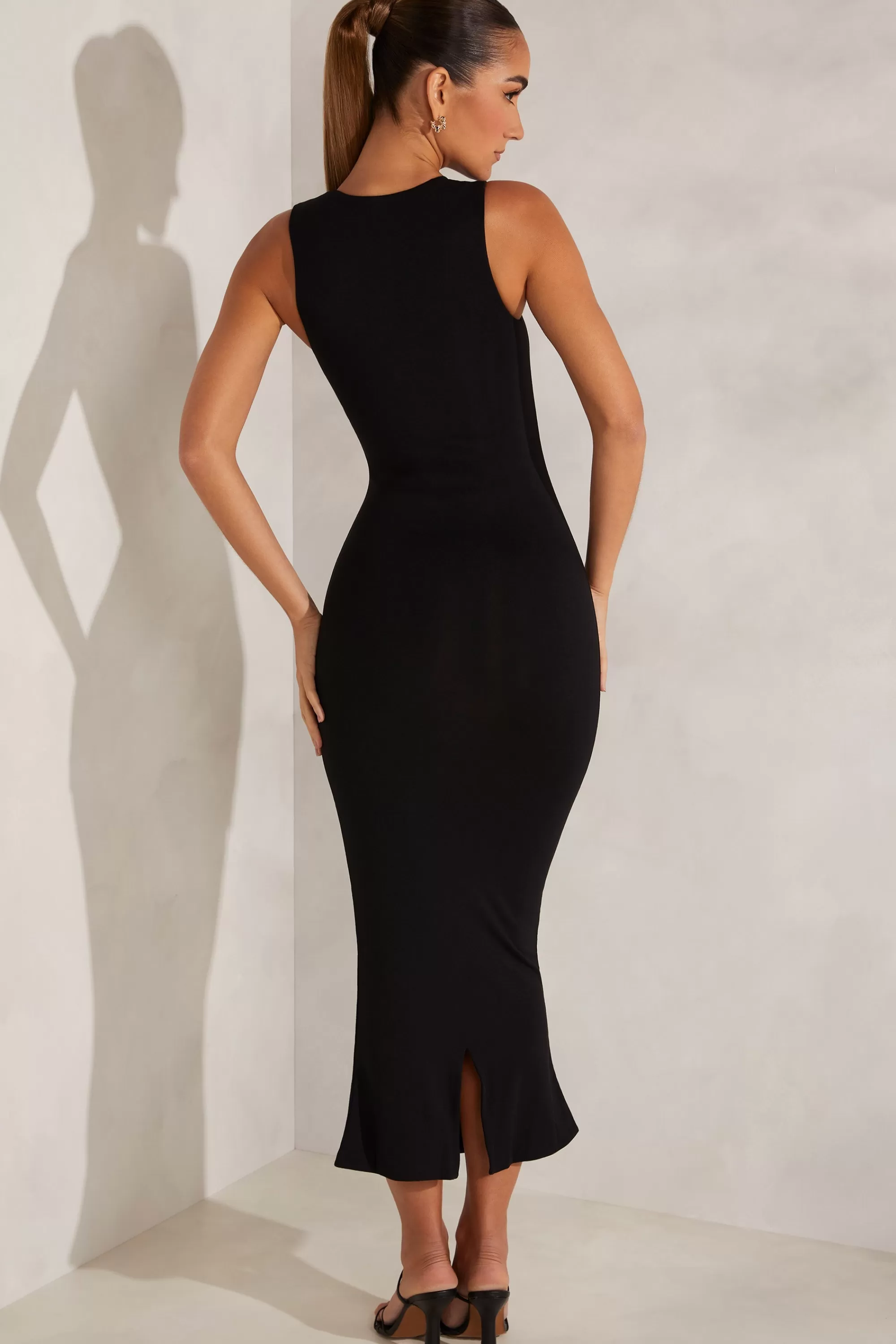 Oh Polly Square Neck Midi Dress In Black Hot