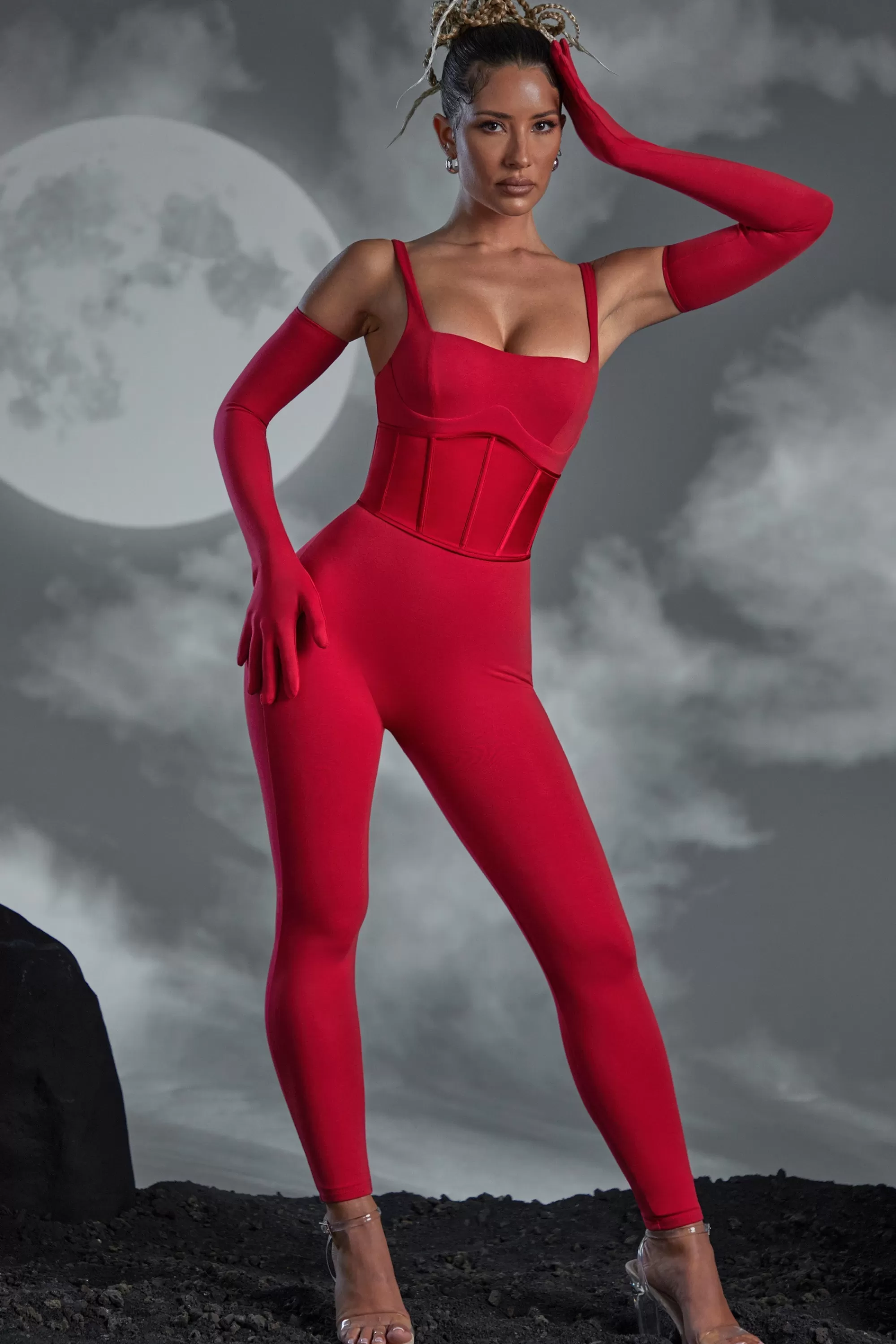 Oh Polly Square Neckline Jumpsuit With Gloves In Red Best