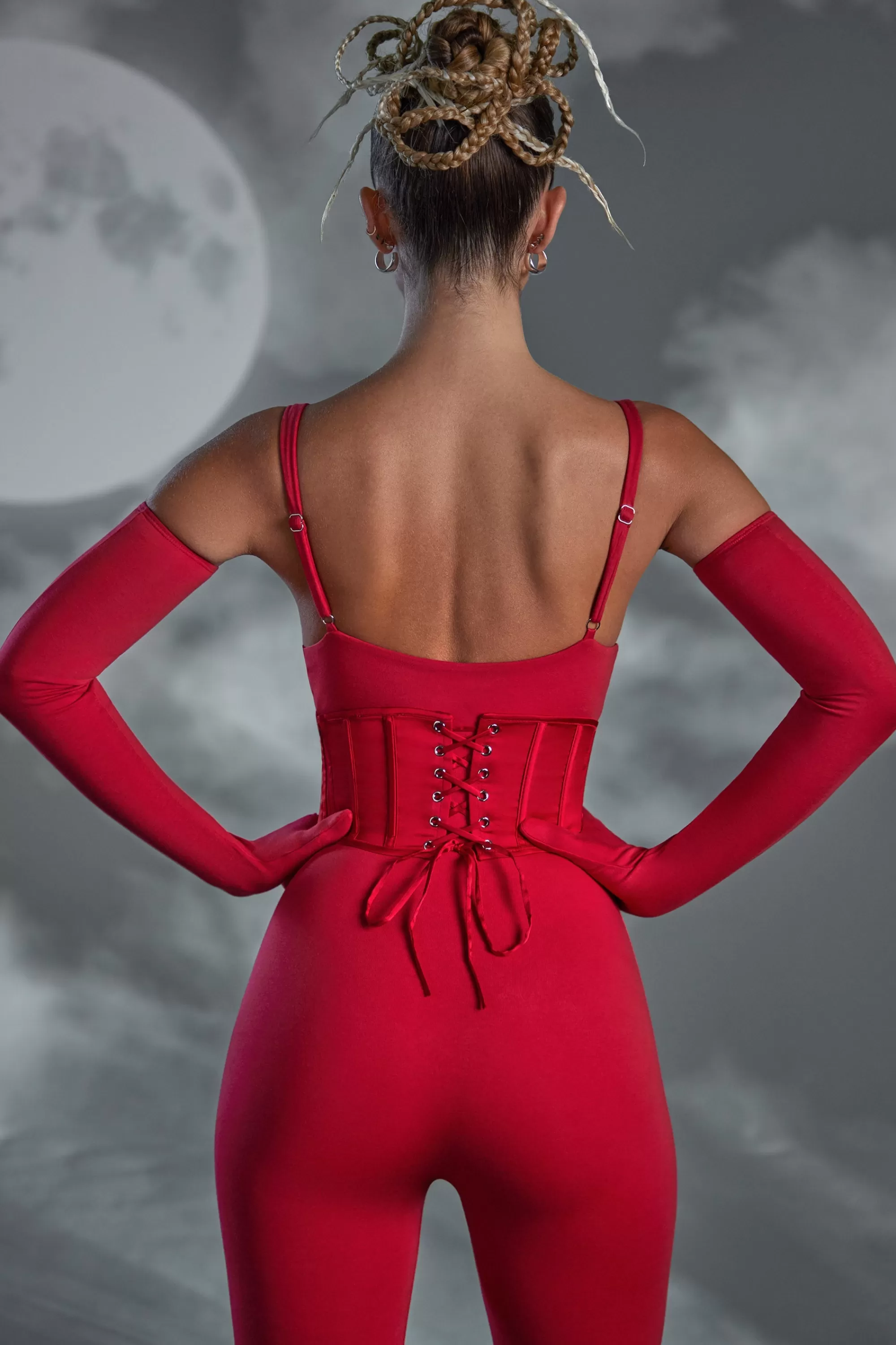 Oh Polly Square Neckline Jumpsuit With Gloves In Red Best