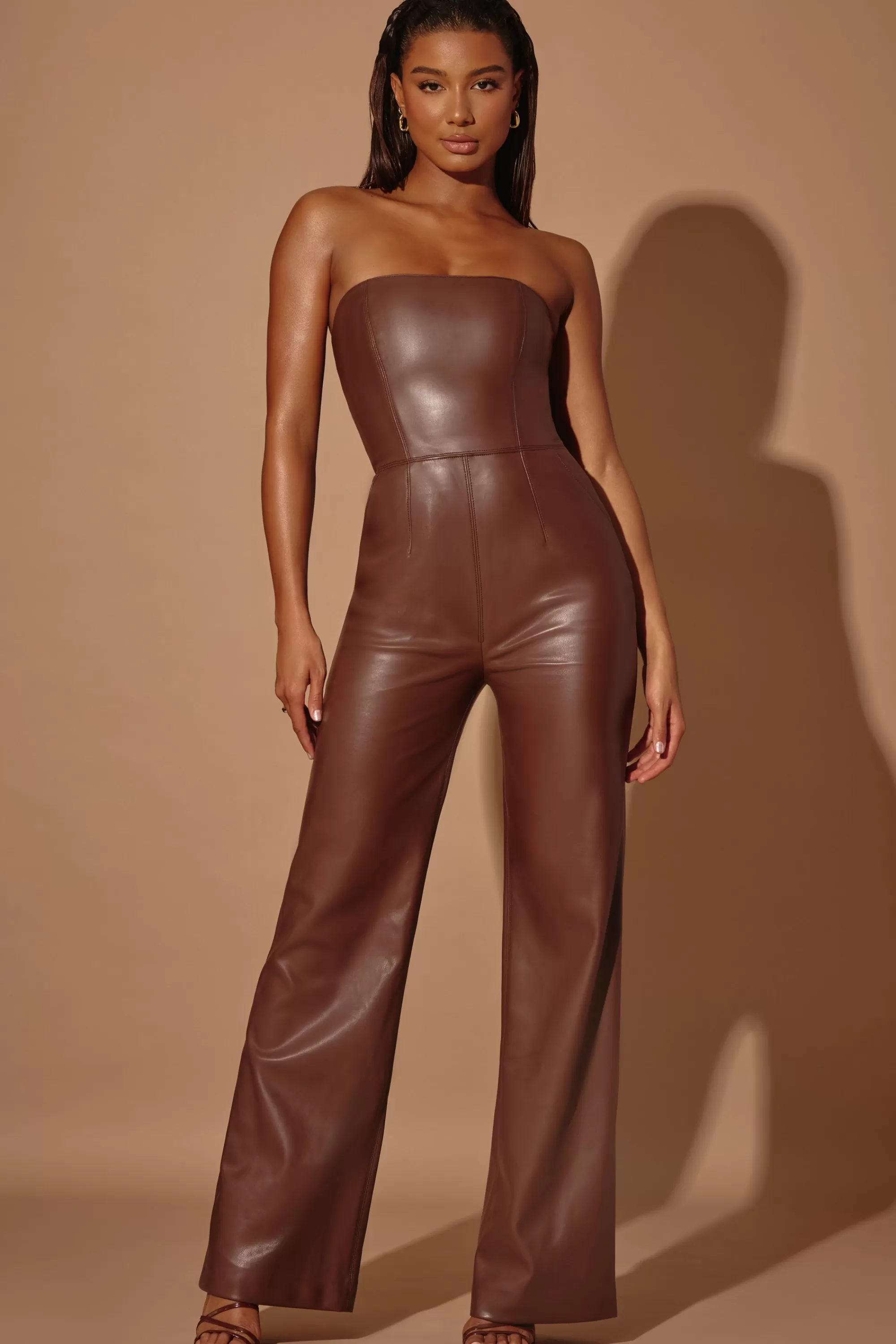 Oh Polly Strapless Wide Leg Vegan Leather Jumpsuit In Brown Online