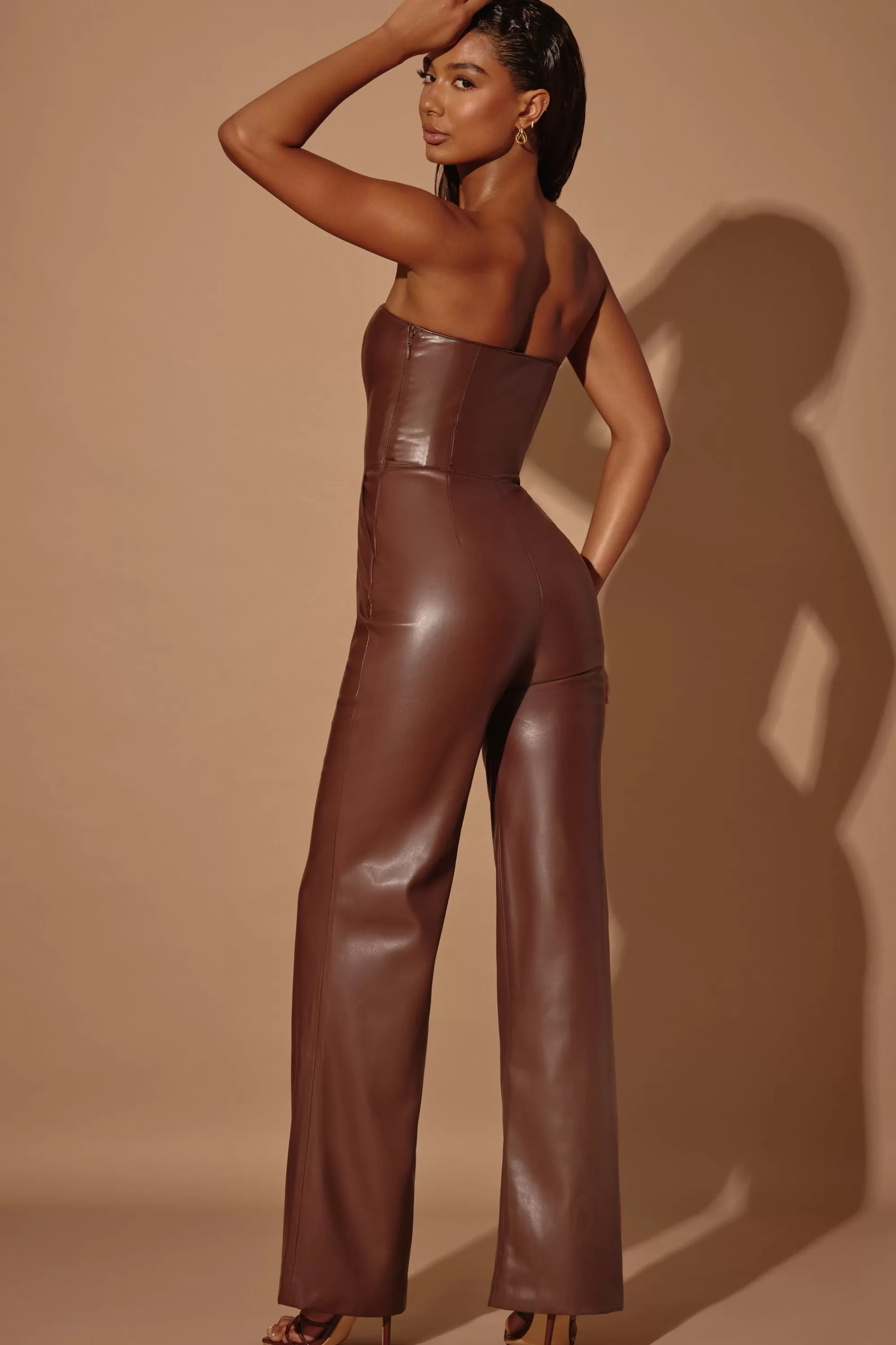 Oh Polly Strapless Wide Leg Vegan Leather Jumpsuit In Brown Online