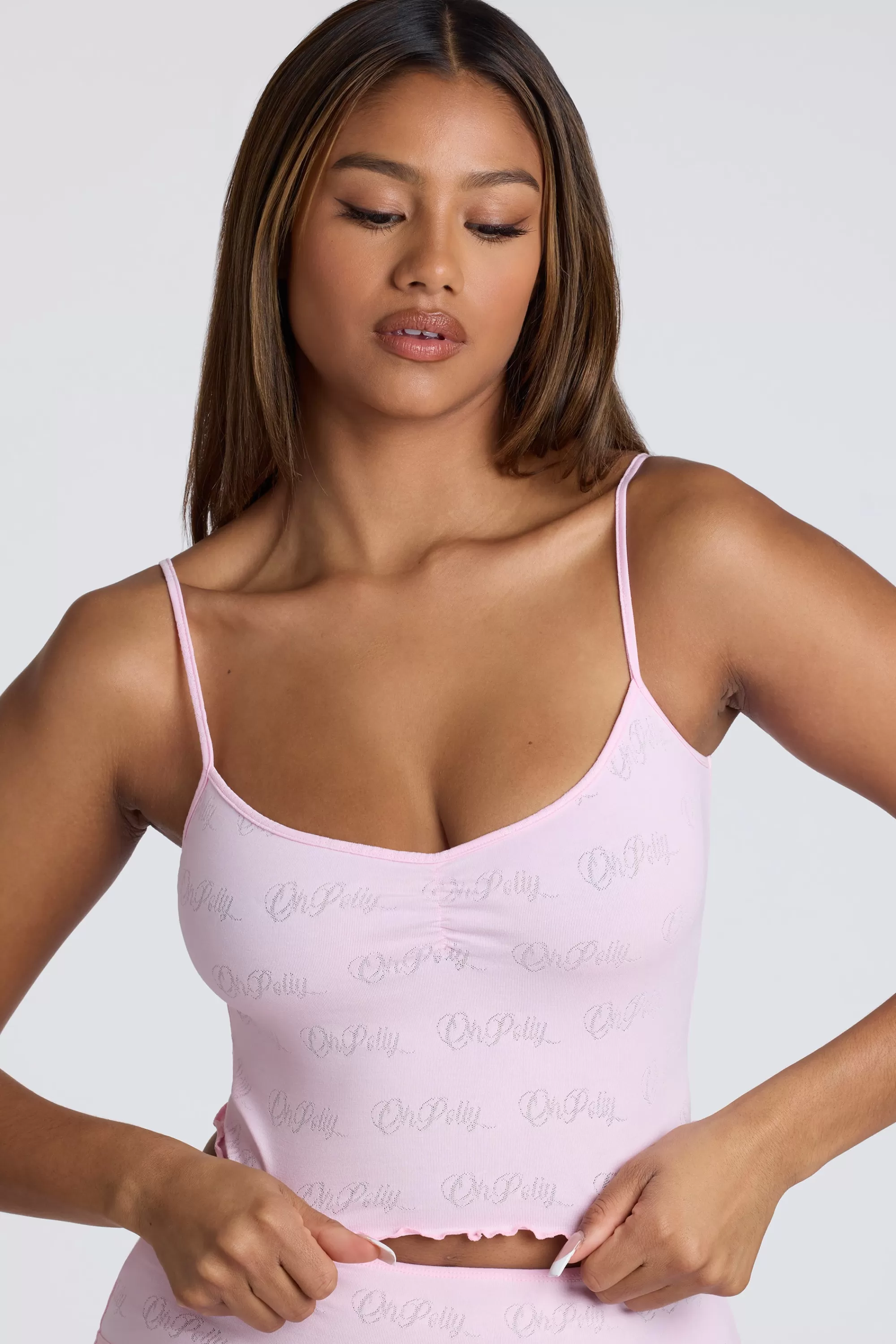 Oh Polly Strappy Ruched Pointelle Crop Top In Baby Pink Outlet