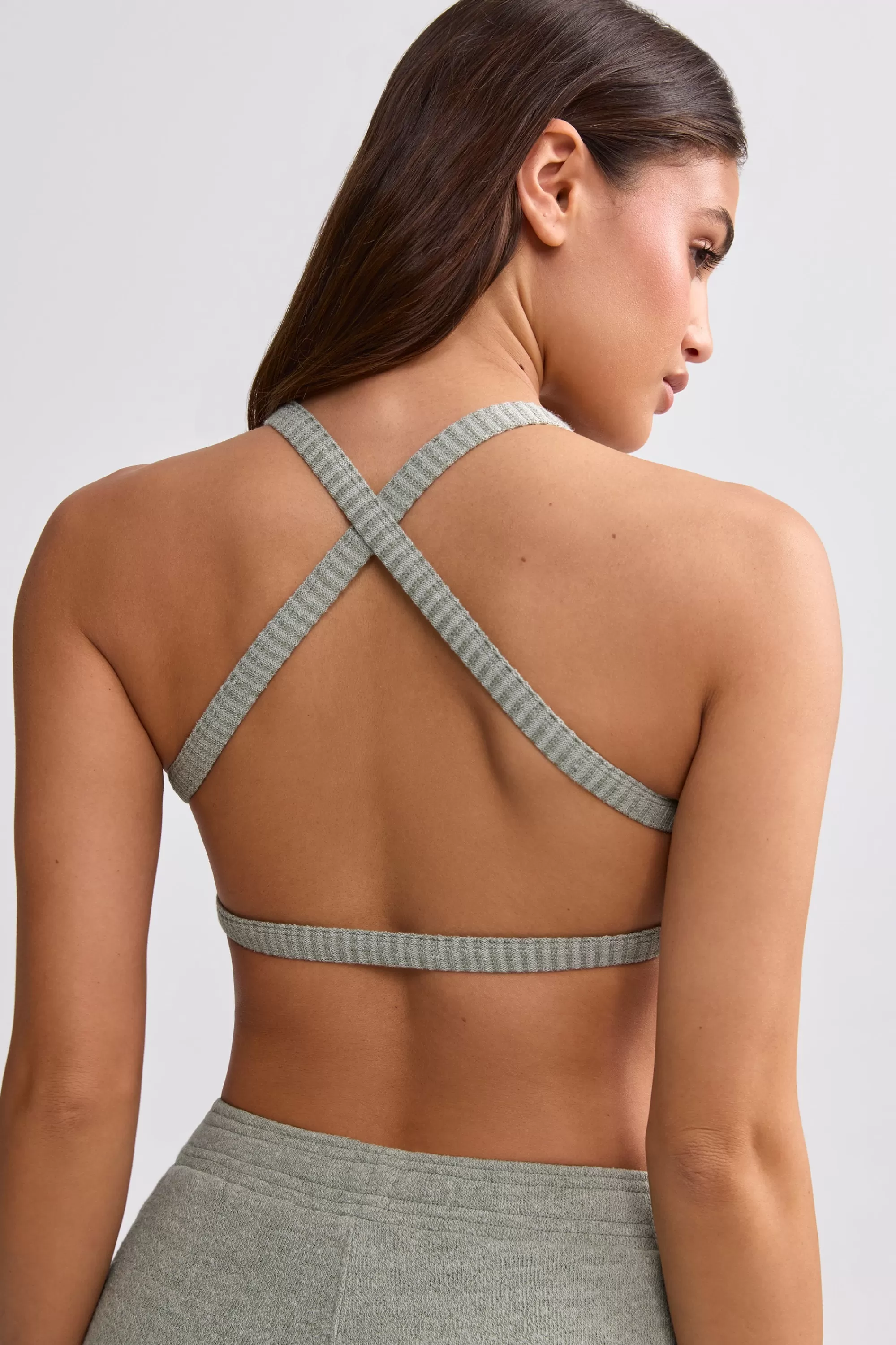 Oh Polly Terry Towelling Scoop-Neck Bralette In Sage Grey Fashion