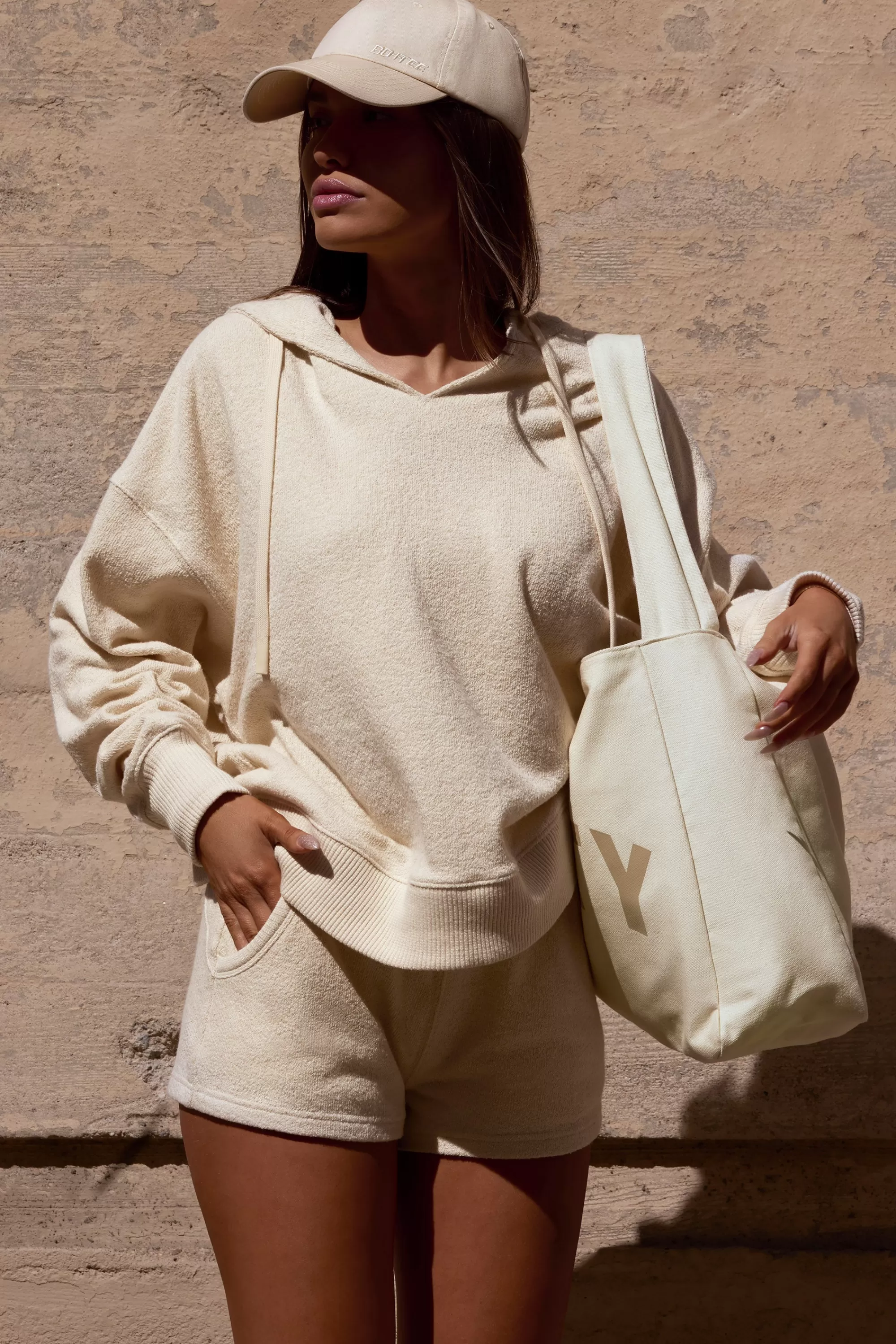 Oh Polly Terry Towelling V-Neck Hoodie In Cream Shop