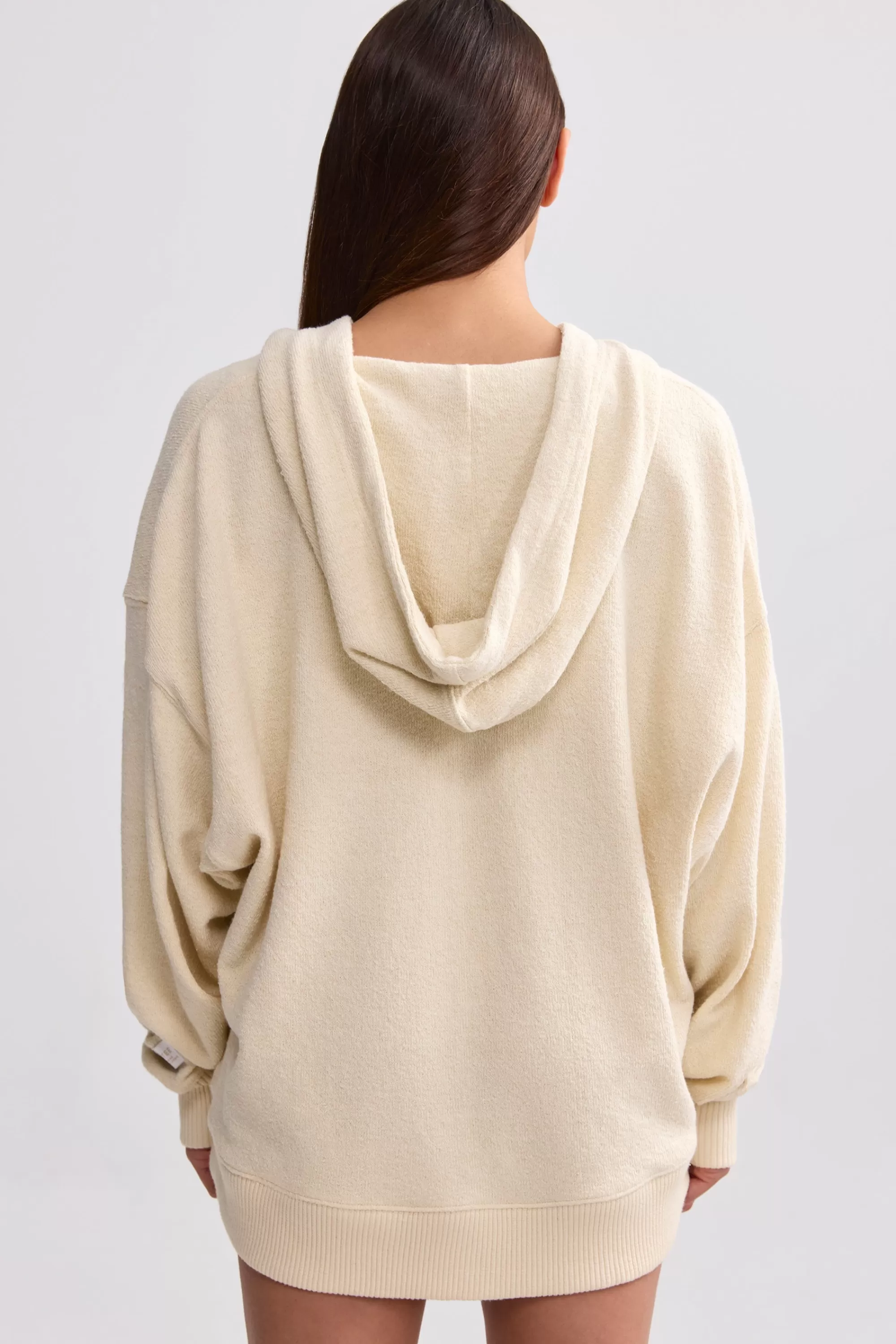 Oh Polly Terry Towelling V-Neck Hoodie In Cream Shop