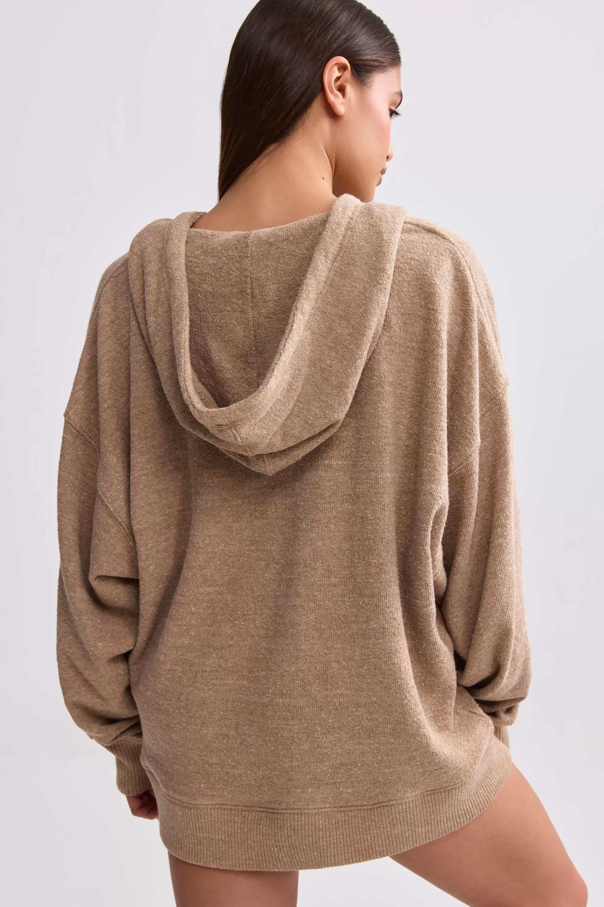 Oh Polly Terry Towelling V-Neck Hoodie In Mocha Brown Sale