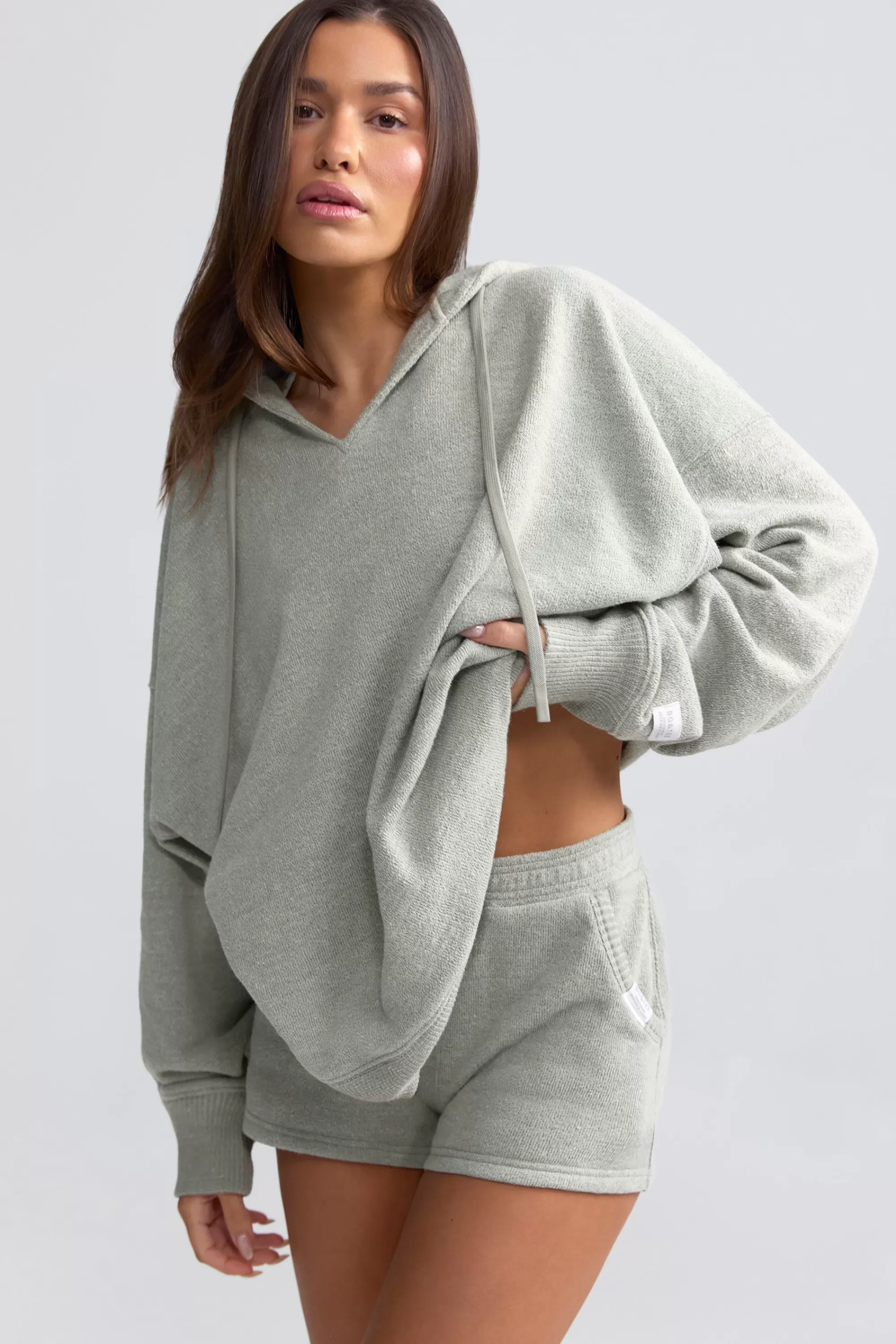 Oh Polly Terry Towelling V-Neck Hoodie In Sage Grey Fashion