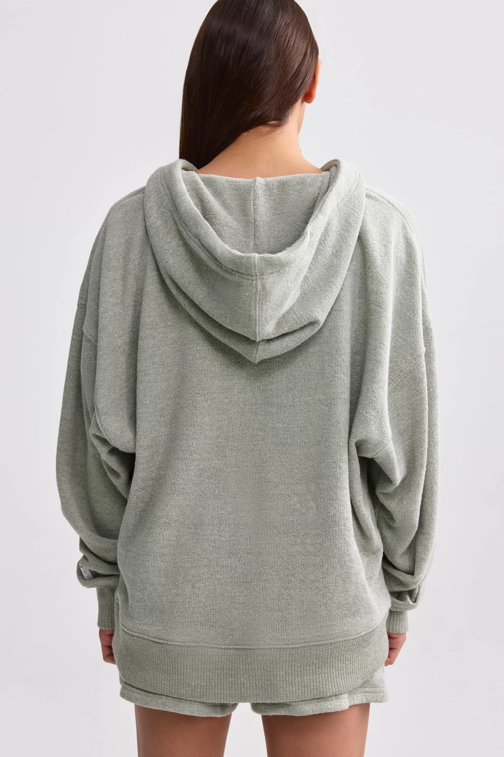 Oh Polly Terry Towelling V-Neck Hoodie In Sage Grey Fashion