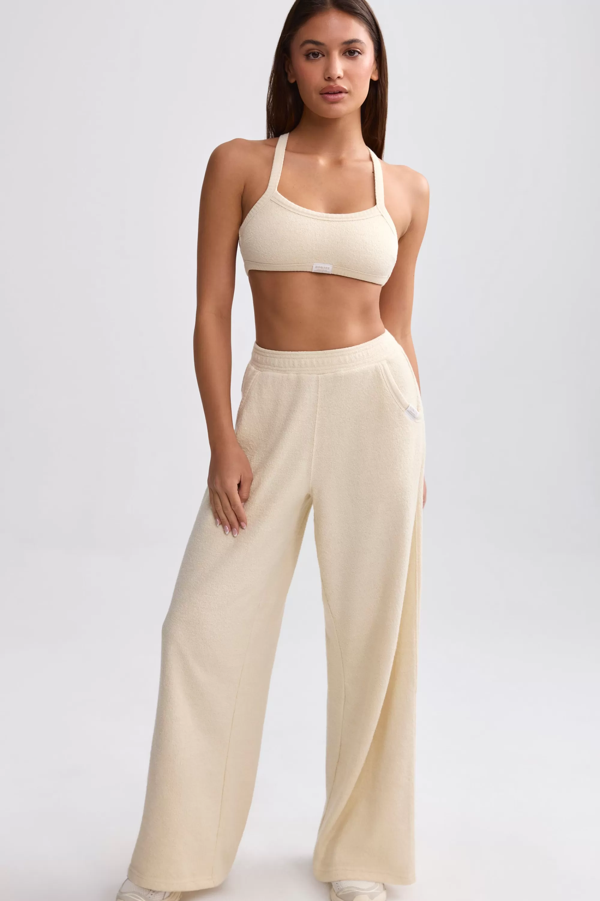 Oh Polly Terry Towelling Wide-Leg Joggers In Cream Discount