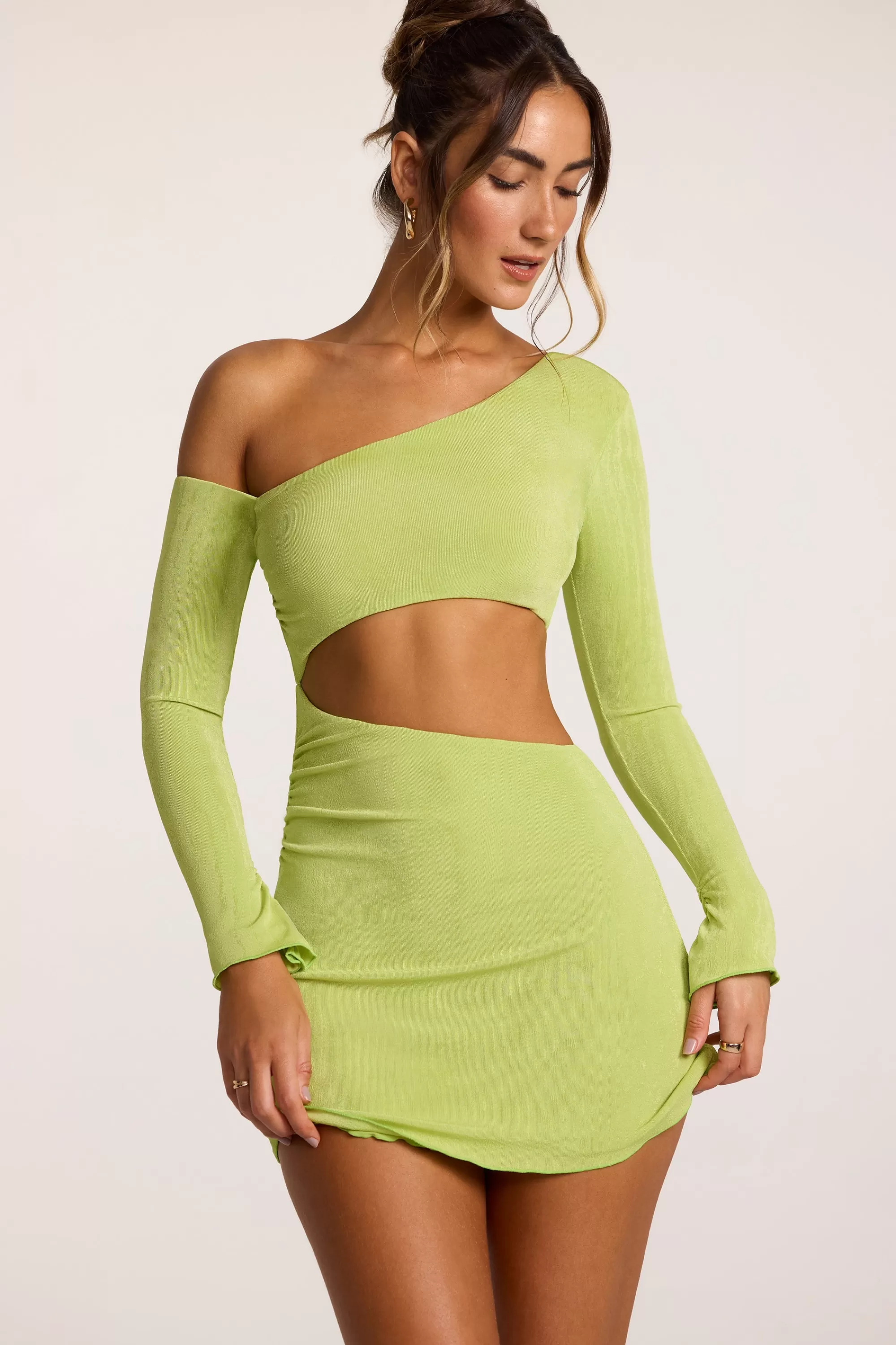 Oh Polly Textured Jersey Asymmetric Cut Out Mini Dress In Lime Best Sale